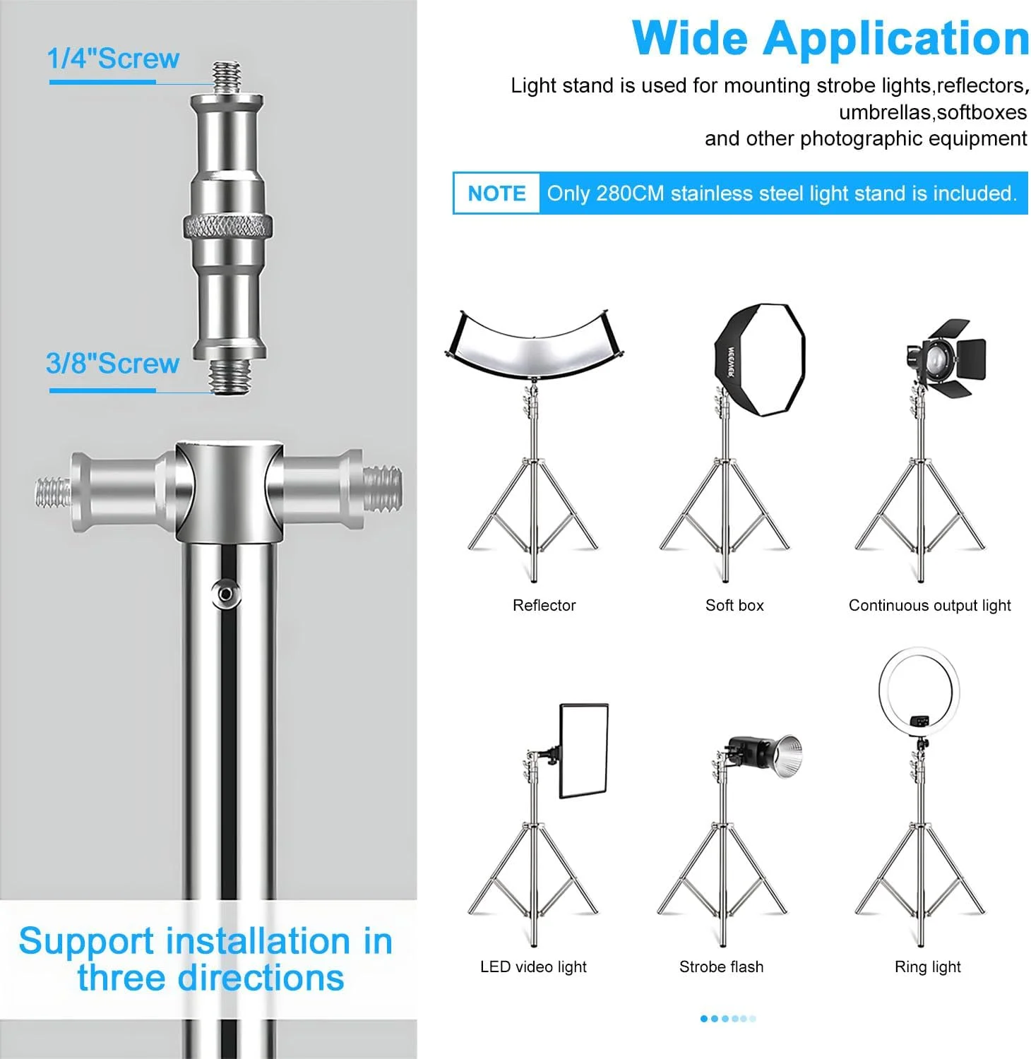 پایه نور استیل ضد زنگ Gluckluz، 280 سانتی متر، پایه نور استودیویی سنگین، سه پایه نورپردازی با قابلیت تنظیم ارتفاع با آداپتور جهانی 1/4 اینچ به 3/8 اینچ برای استودیو عکاسی خانگی سافت باکس (نقره ای)