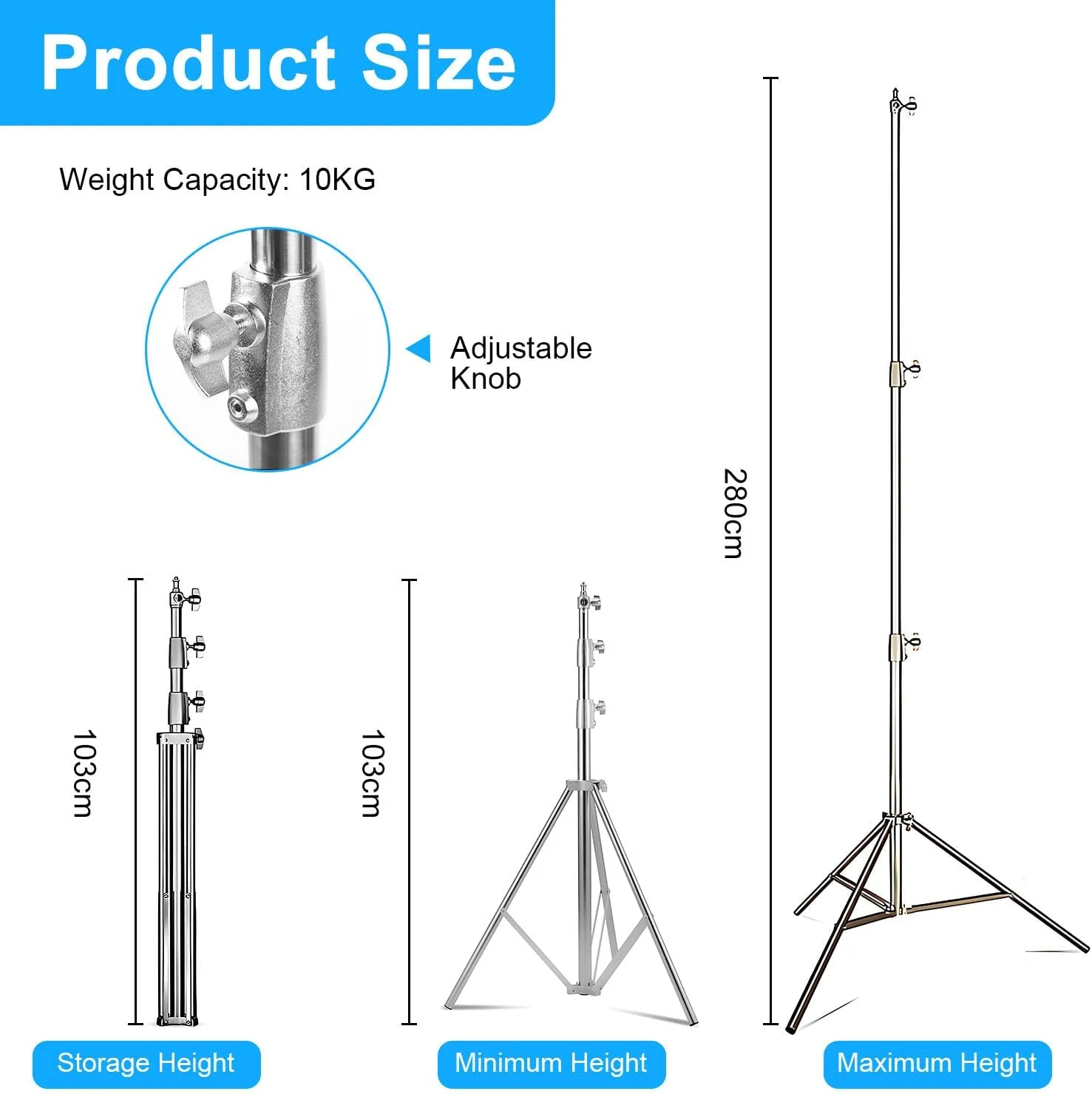 پایه نور استیل ضد زنگ Gluckluz، 280 سانتی متر، پایه نور استودیویی سنگین، سه پایه نورپردازی با قابلیت تنظیم ارتفاع با آداپتور جهانی 1/4 اینچ به 3/8 اینچ برای استودیو عکاسی خانگی سافت باکس (نقره ای)