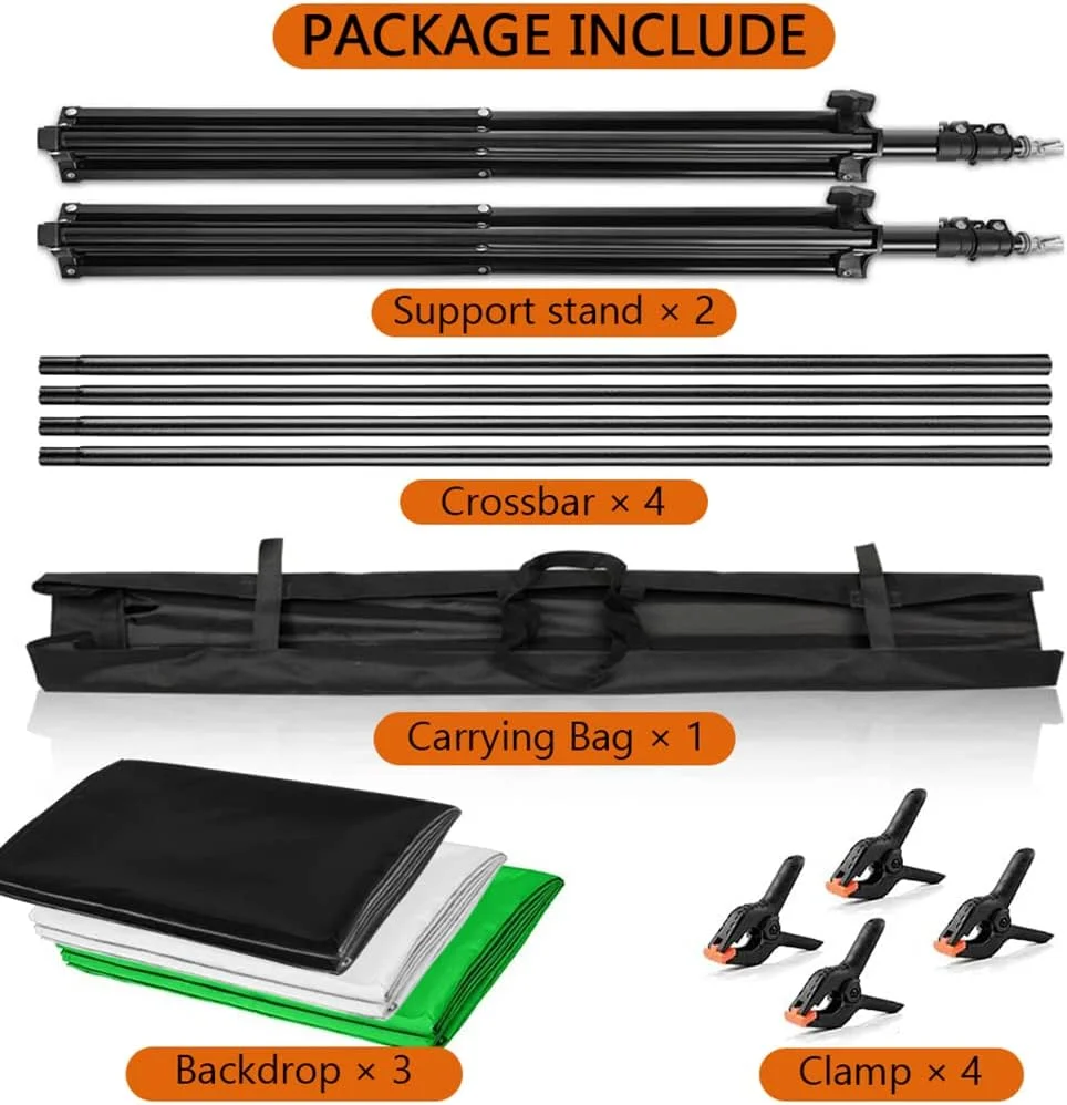 کیت پایه پس زمینه Gluckluz با 3 پس زمینه عکاسی، پایه صفحه نمایش پس زمینه عکس قابل تنظیم با کیف حمل و 4 گیره برای فیلمبرداری