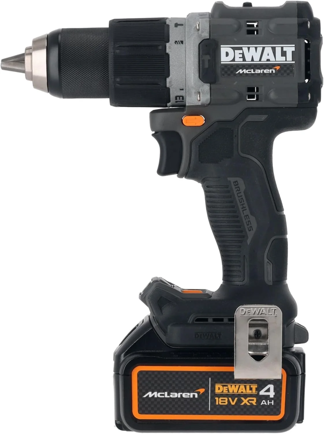 دریل چکشی شارژی براشلس 18 ولت DEWALT x McLaren F1 Team XR - دریل چکشی با دو باتری برای زمان کارکرد طولانی - 2 عدد 4 آمپر ساعت