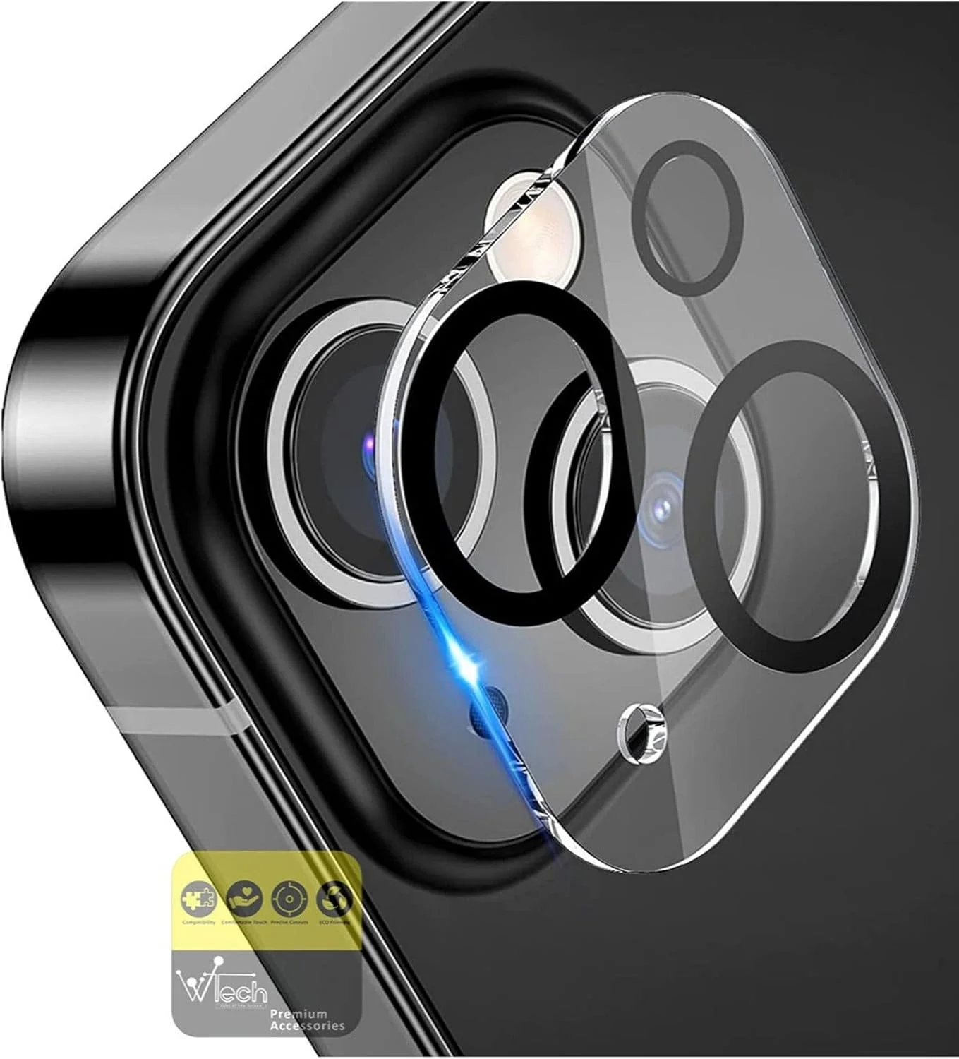 محافظ لنز دوربین شیشه ای حرارت دیده پریمیوم Wtech برای اپل آیفون 15 2023، شفاف/مشکی محافظ لنز دوربین شیشه ای حرارت دیده پریمیوم Wtech برای اپل آیفون 15 2023، شفاف/مشکی