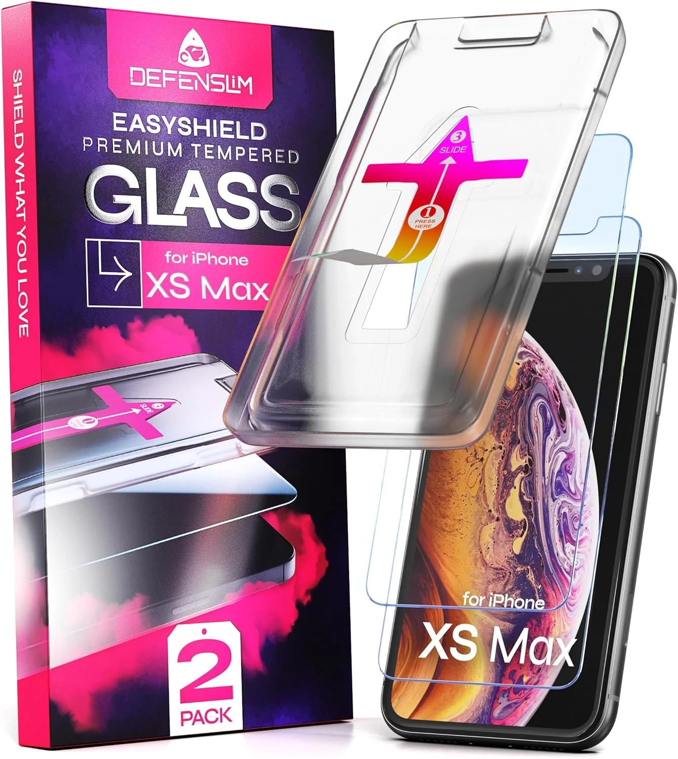 محافظ صفحه نمایش آیفون XS Max دیفنسلیم [بسته 2 عددی] به همراه کیت نصب آسان خودکار - شیشه حرارت دیده برای آیفون XS Max (6.5 اینچ) - شیشه جدید با گوشی بعدی شما