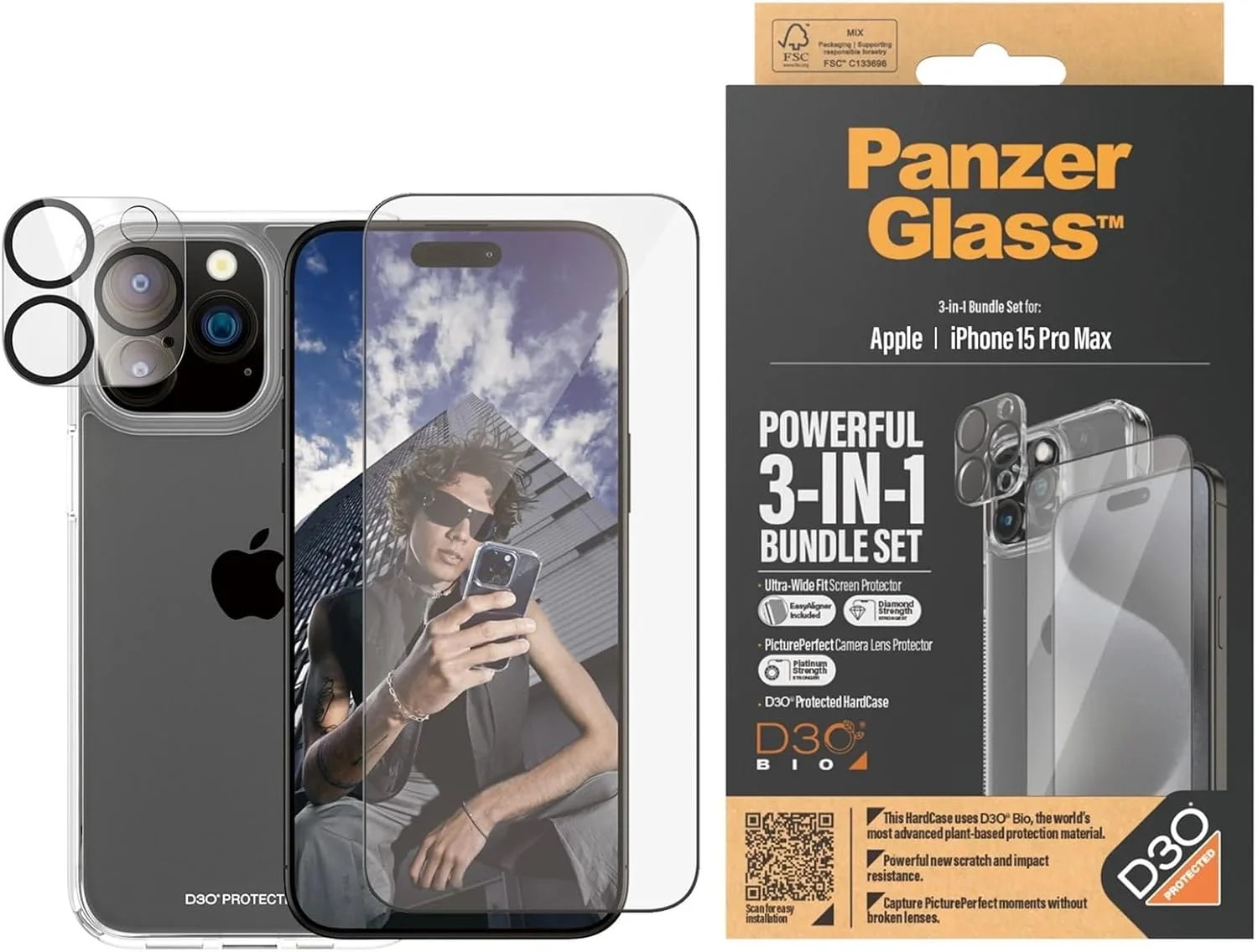 مجموعه محافظت نهایی 3 در 1 PanzerGlass برای Apple iPhone 15 Pro Max 2023 6.7 اینچی - قاب شفاف با D3O + محافظ صفحه نمایش UWF + محافظ لنز دوربین | محافظت کامل 360 درجه در برابر افتادن و خراش، نصب آسان