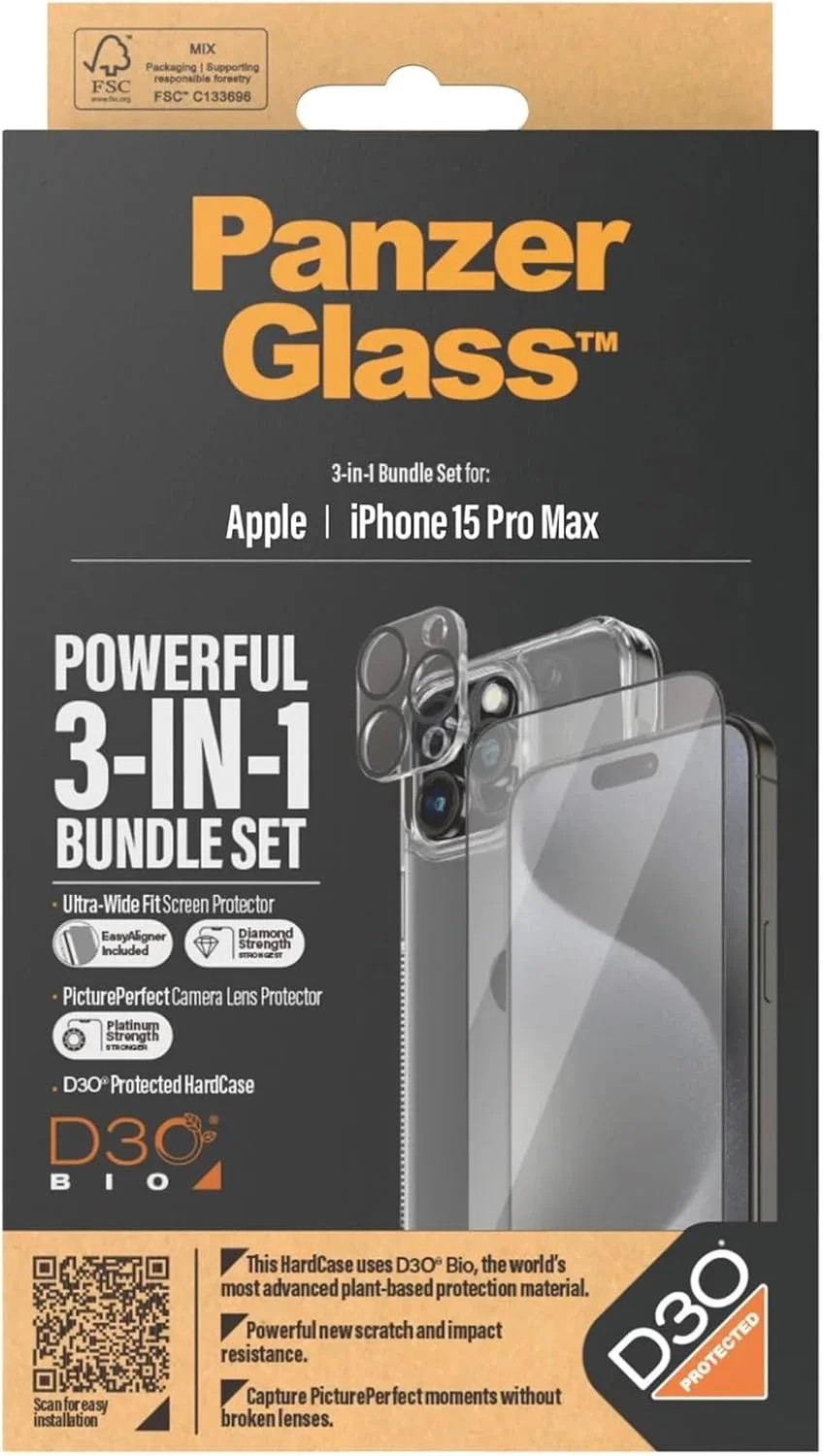 مجموعه محافظت نهایی 3 در 1 PanzerGlass برای Apple iPhone 15 Pro Max 2023 6.7 اینچی - قاب شفاف با D3O + محافظ صفحه نمایش UWF + محافظ لنز دوربین | محافظت کامل 360 درجه در برابر افتادن و خراش، نصب آسان مجموعه محافظت نهایی 3 در 1 PanzerGlass برای Apple iPhone 15 Pro Max 2023 6.7 اینچی - قاب شفاف با D3O + محافظ صفحه نمایش UWF + محافظ لنز دوربین | محافظت کامل 360 درجه در برابر افتادن و خراش، نصب آسان