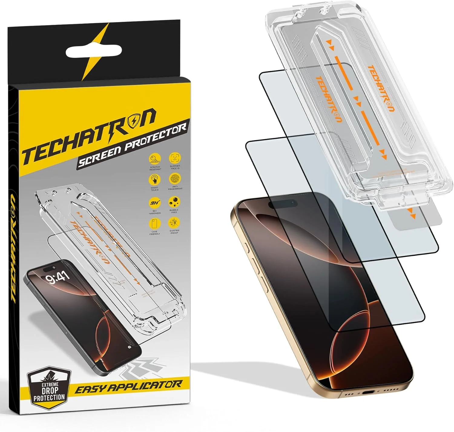 محافظ صفحه نمایش شیشه ای حرارت دیده Techatron برای آیفون 15 پرو مکس، نصب آسان، سختی 9H+، پوشش کامل لبه به لبه، نازک و فوق العاده شفاف، اپلیکاتور آسان، بسته 2 عددی