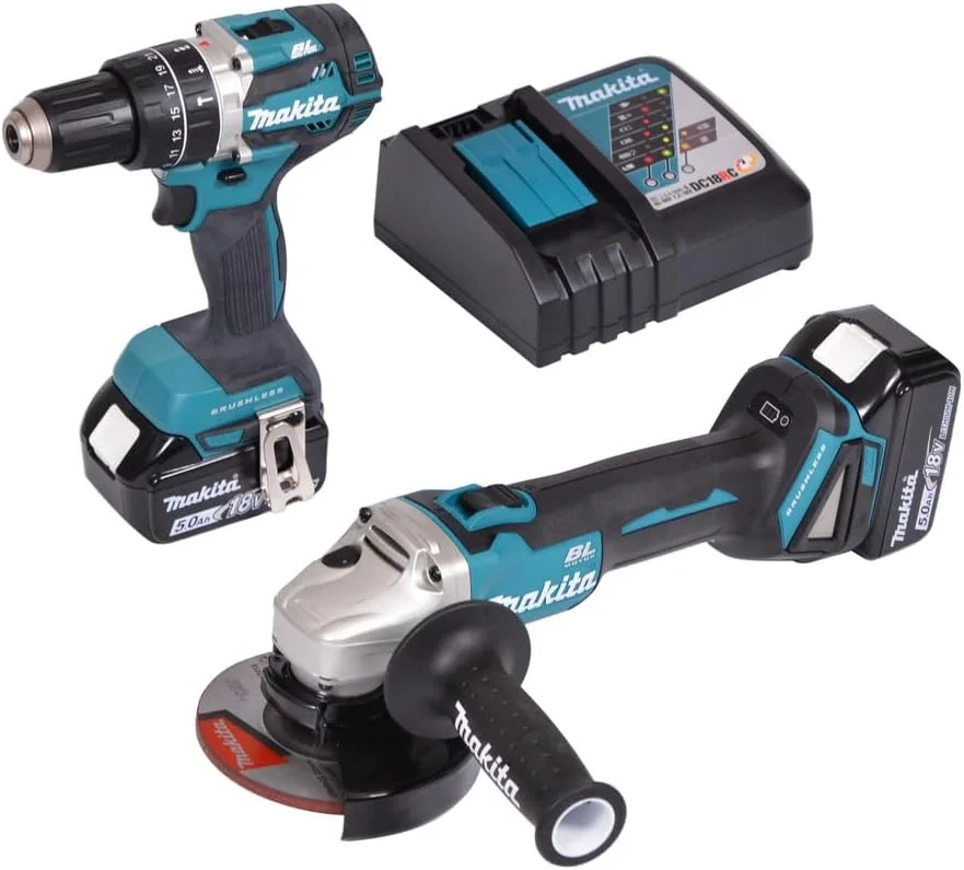 کیت دو عددی براشلس 18 ولت Makita DLX2210TJ1 شامل فرز زاویه ای براشلس و دریل چکشی براشلس به همراه 2 عدد باتری 5.0 آمپر لیتیوم-یون و شارژر در جعبه