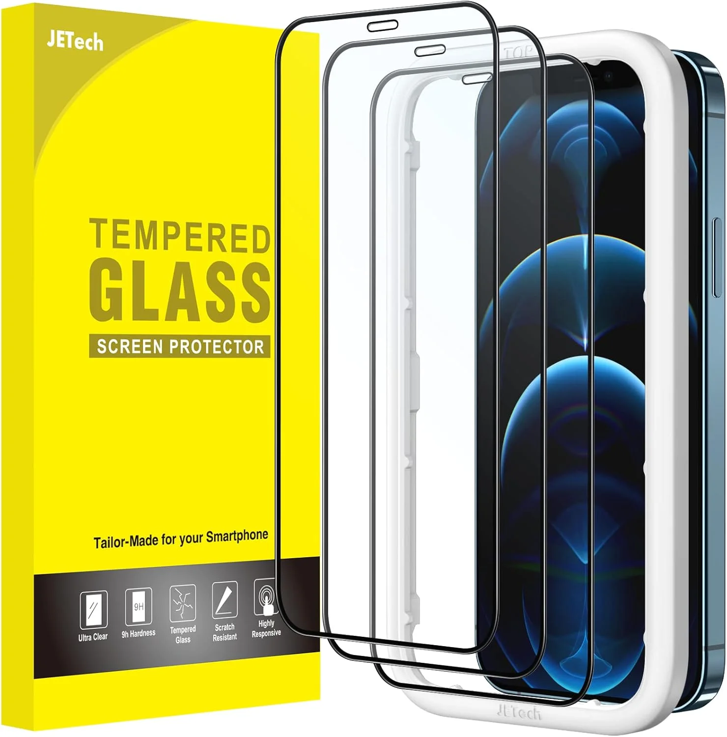 محافظ صفحه نمایش پوشش کامل JETech برای آیفون 12/12 پرو 6.1 اینچی، فیلم شیشه ای حرارت دیده لبه مشکی با ابزار نصب آسان، سازگار با قاب، شفافیت HD، بسته 3 عددی