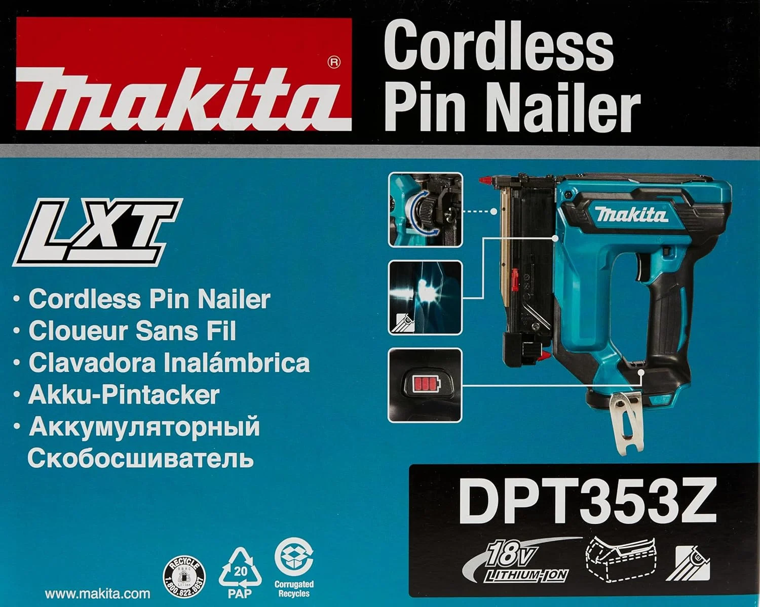 میخکوب شارژی ماکیتا مدل DPT353Z، 18 ولت، لیتیوم-یون، 0.6 میلی‌متر (بدون باتری)