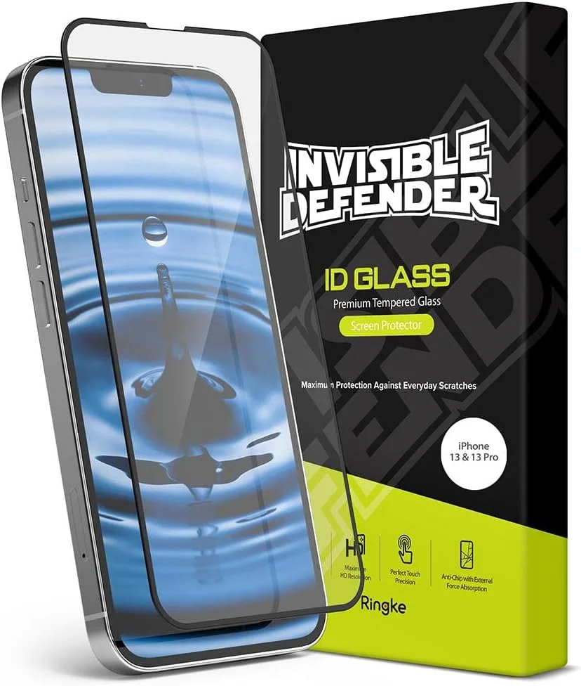 محافظ صفحه نمایش شیشه ای حرارت دیده تمام صفحه Ringke Invisible Defender سازگار با آیفون 16e / 14/13 / 13 Pro [محافظ صفحه نمایش طراحی شده برای 16e / 14/13 / 13 Pro] - مشکی