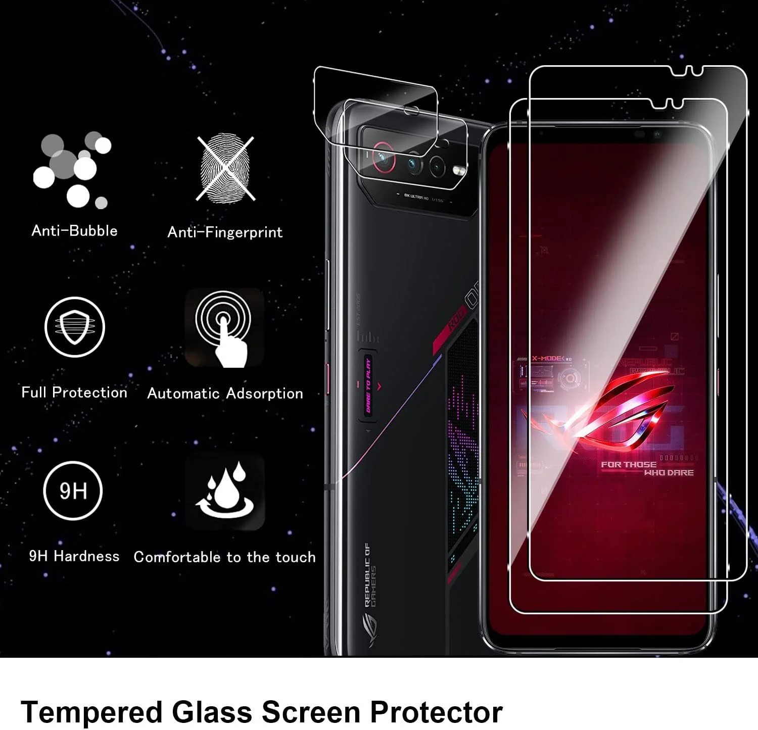 محافظ صفحه نمایش شیشه ای و فیلم محافظ دوربین Holilo [2+2 تکه] برای گوشی های Asus ROG Phone 6/6 Pro/ASUS ROG Phone 6D/6D Ultimate، ضد خش با سختی 9H