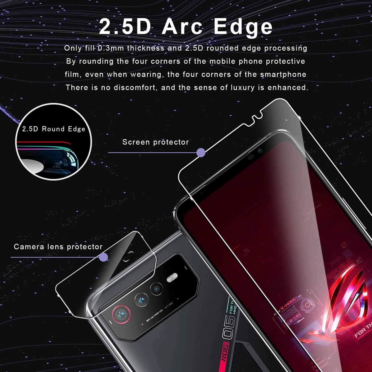 محافظ صفحه نمایش شیشه ای و فیلم محافظ دوربین Holilo [2+2 تکه] برای گوشی های Asus ROG Phone 6/6 Pro/ASUS ROG Phone 6D/6D Ultimate، ضد خش با سختی 9H