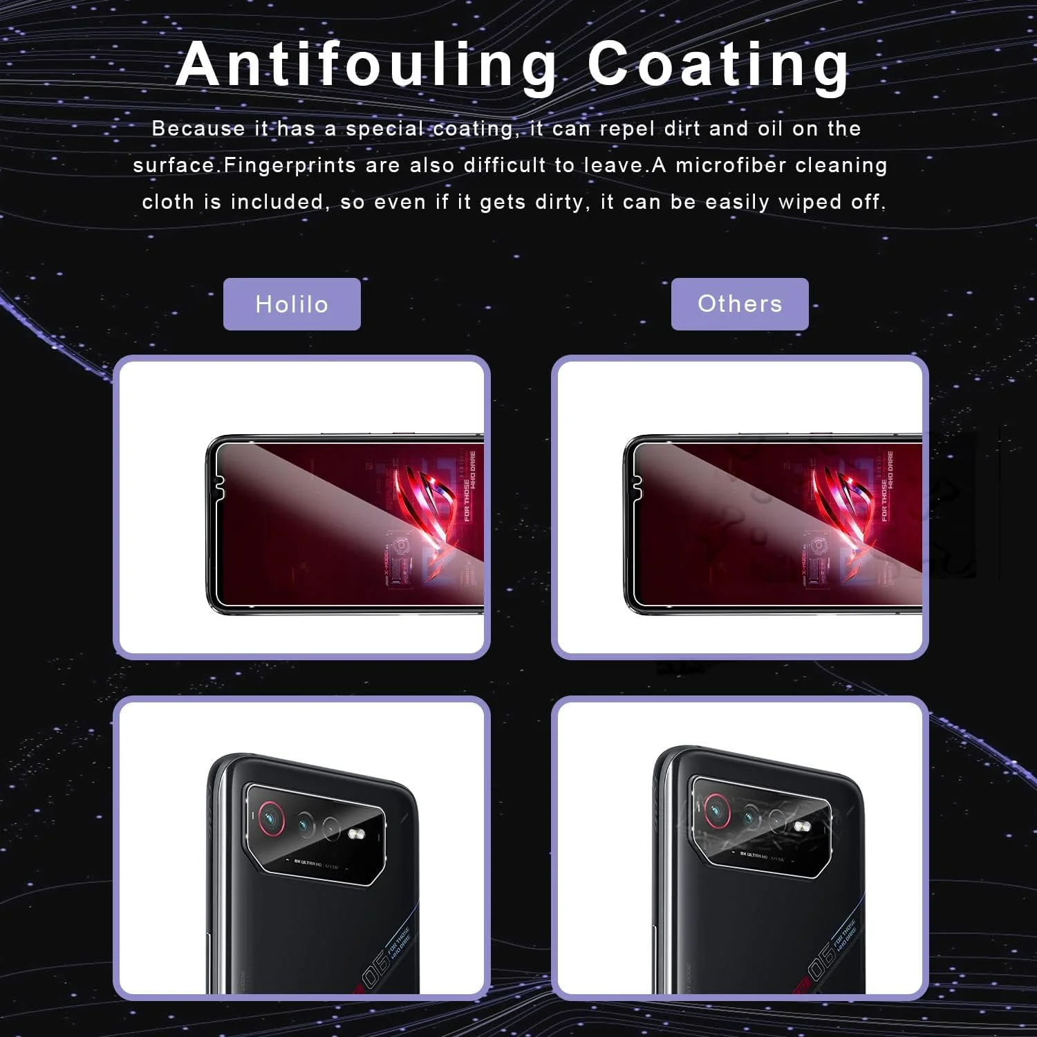 محافظ صفحه نمایش شیشه ای و فیلم محافظ دوربین Holilo [2+2 تکه] برای گوشی های Asus ROG Phone 6/6 Pro/ASUS ROG Phone 6D/6D Ultimate، ضد خش با سختی 9H