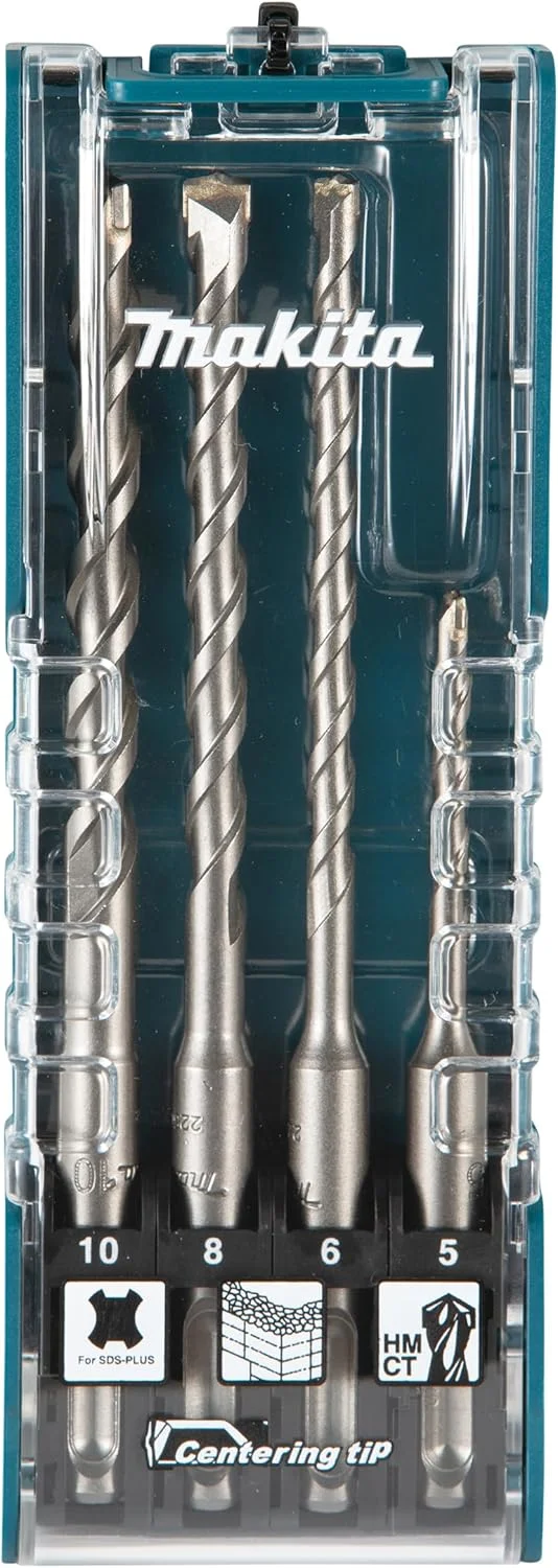 مجموعه مته 4 عددی SDS-PLUS ماکیتا مدل E-13596 با نوک مرکزی در جعبه نگهداری، قطر 5-10 میلی متر، ایده آل برای بتن و مصالح ساختمانی
