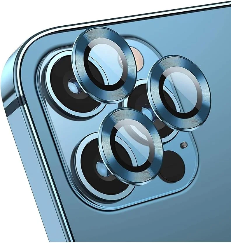 محافظ لنز دوربین گوشی آیفون 12/12 پرو Gadget Shield، بسته 3 عددی، شیشه HD تمپر شده با پوشش دوربین، ضد خش، حلقه دوربین آلیاژ آلومینیوم، آبی