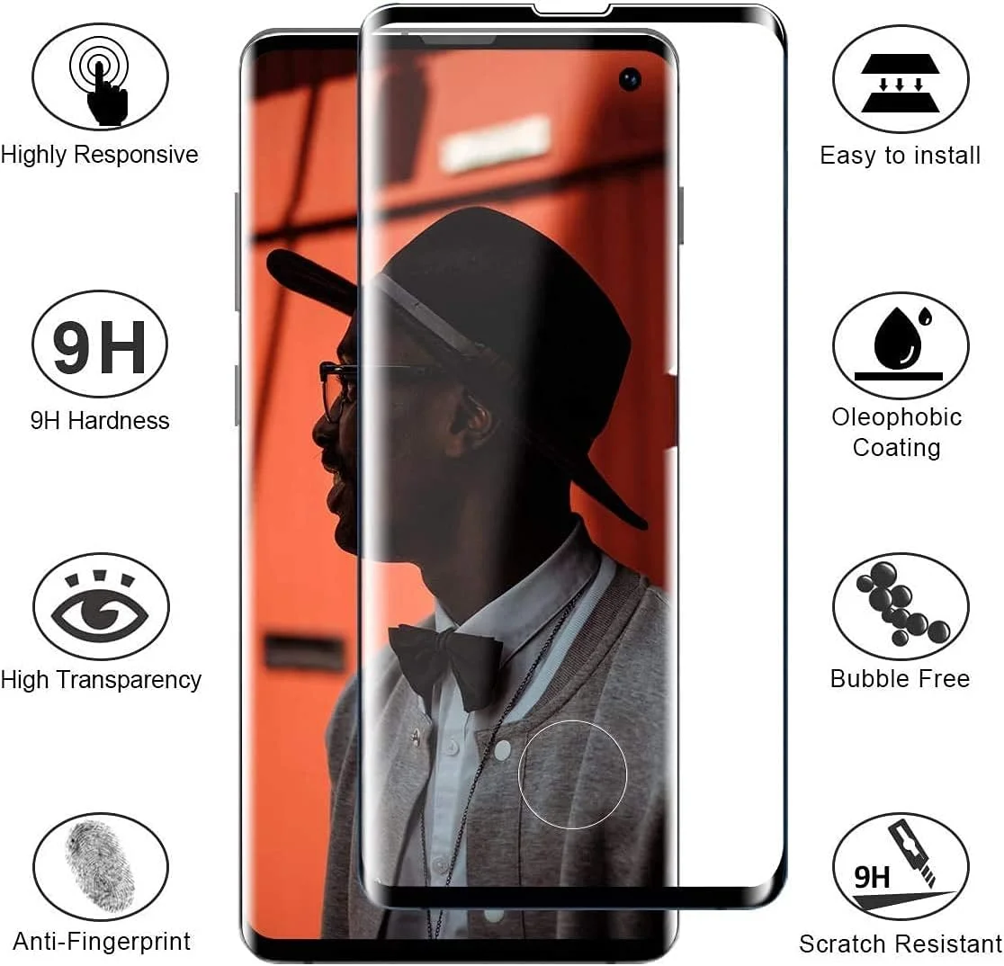 محافظ صفحه نمایش شیشه ای حرارت دیده برای گوشی سامسونگ گلکسی S10 با فناوری DoubleDefence، [بسته 2 عددی] به همراه قاب تراز کننده مخصوص S10