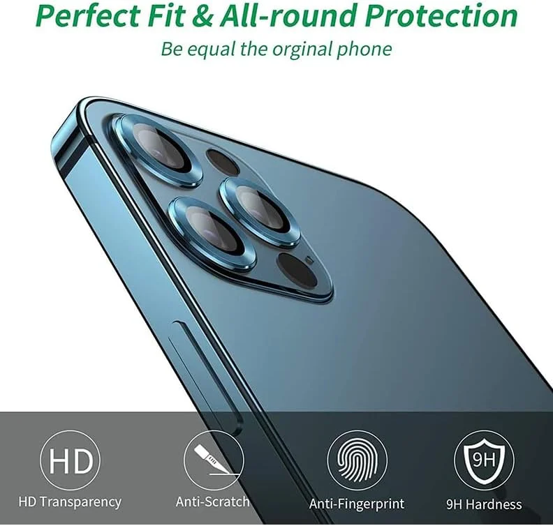 محافظ لنز دوربین گوشی آیفون 12/12 پرو Gadget Shield، بسته 3 عددی، شیشه HD تمپر شده با پوشش دوربین، ضد خش، حلقه دوربین آلیاژ آلومینیوم، آبی