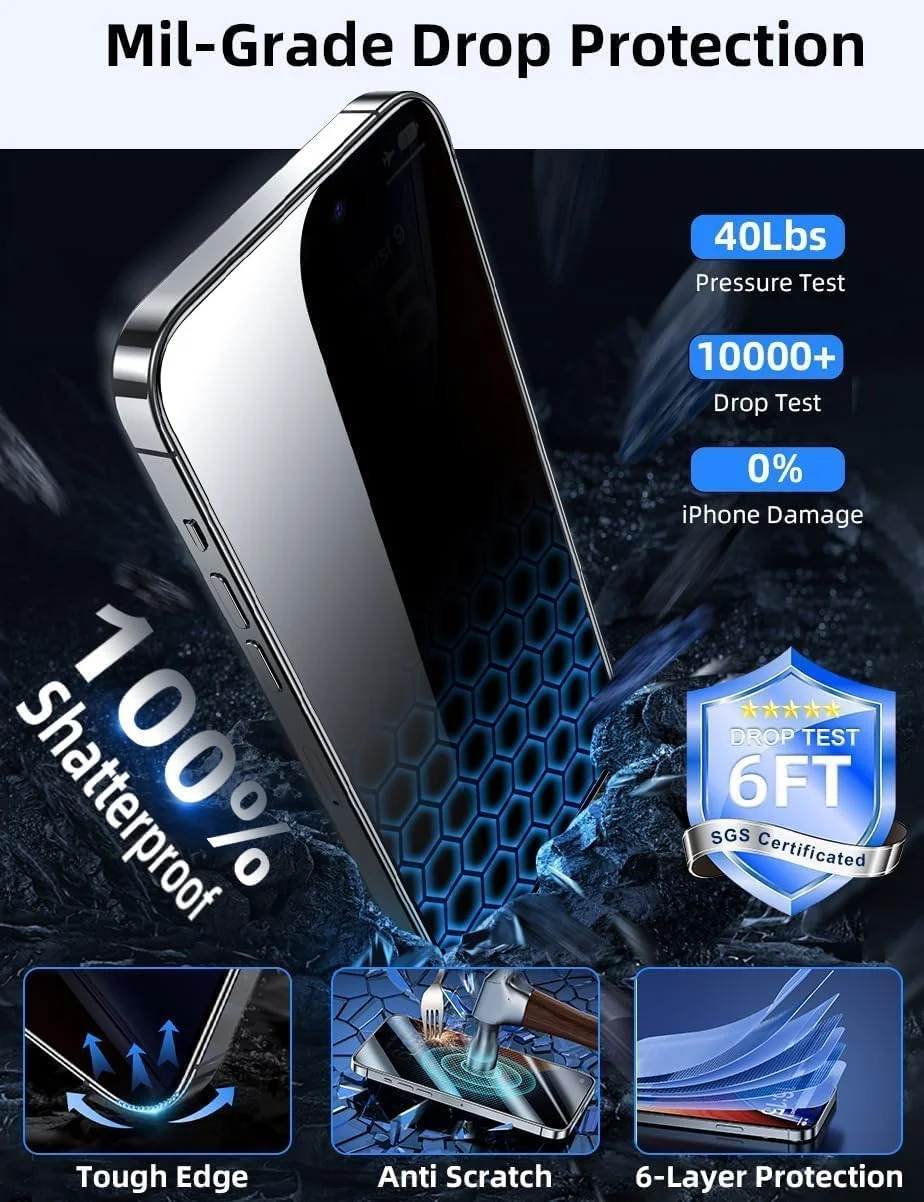 محافظ صفحه نمایش حریم خصوصی شیشه ای سازگار با Phone 16 Pro Max پوشش کامل لبه به لبه با کیت نصب آسان، ضد جاسوسی و ضد شکستگی محافظ صفحه نمایش حریم خصوصی شیشه ای سازگار با Phone 16 Pro Max پوشش کامل لبه به لبه با کیت نصب آسان، ضد جاسوسی و ضد شکستگی