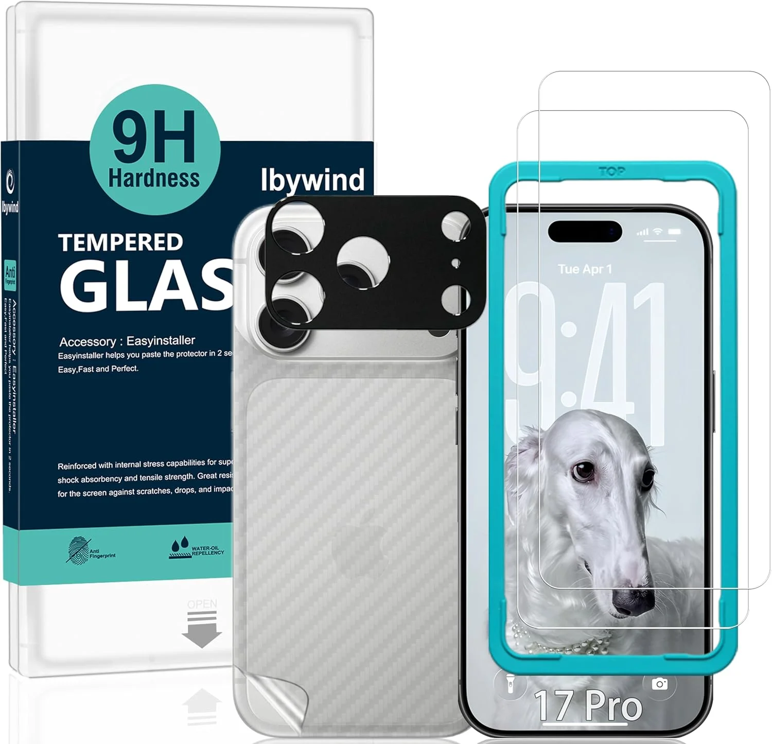 محافظ صفحه نمایش شیشه ای آی ب wind برای آیفون 17 پرو 5G سایز 6.3 اینچ، بسته 2 عددی با سختی 9H، همراه با 1 عدد محافظ لنز دوربین، 1 عدد فیلم فیبر کربن پشت، نصب آسان