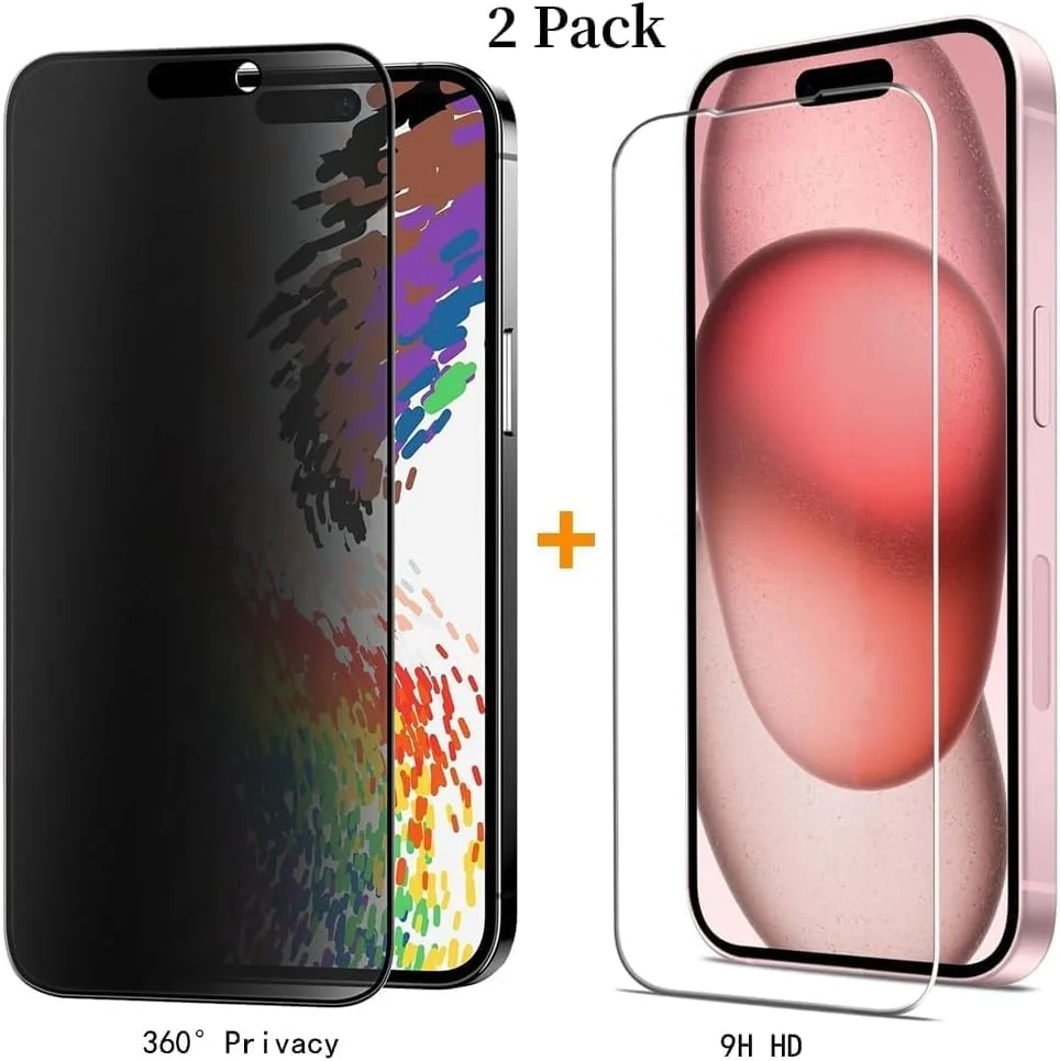 محافظ صفحه نمایش مات حریم خصوصی 360 درجه برای آیفون 16 و آیفون 15 [6.1 اینچ] شیشه حرارت دیده 9H [ضد جاسوسی] [ضد اثر انگشت] پوشش صفحه نمایش 4 طرفه ضد دید زدن (آیفون 16 و آیفون 15)