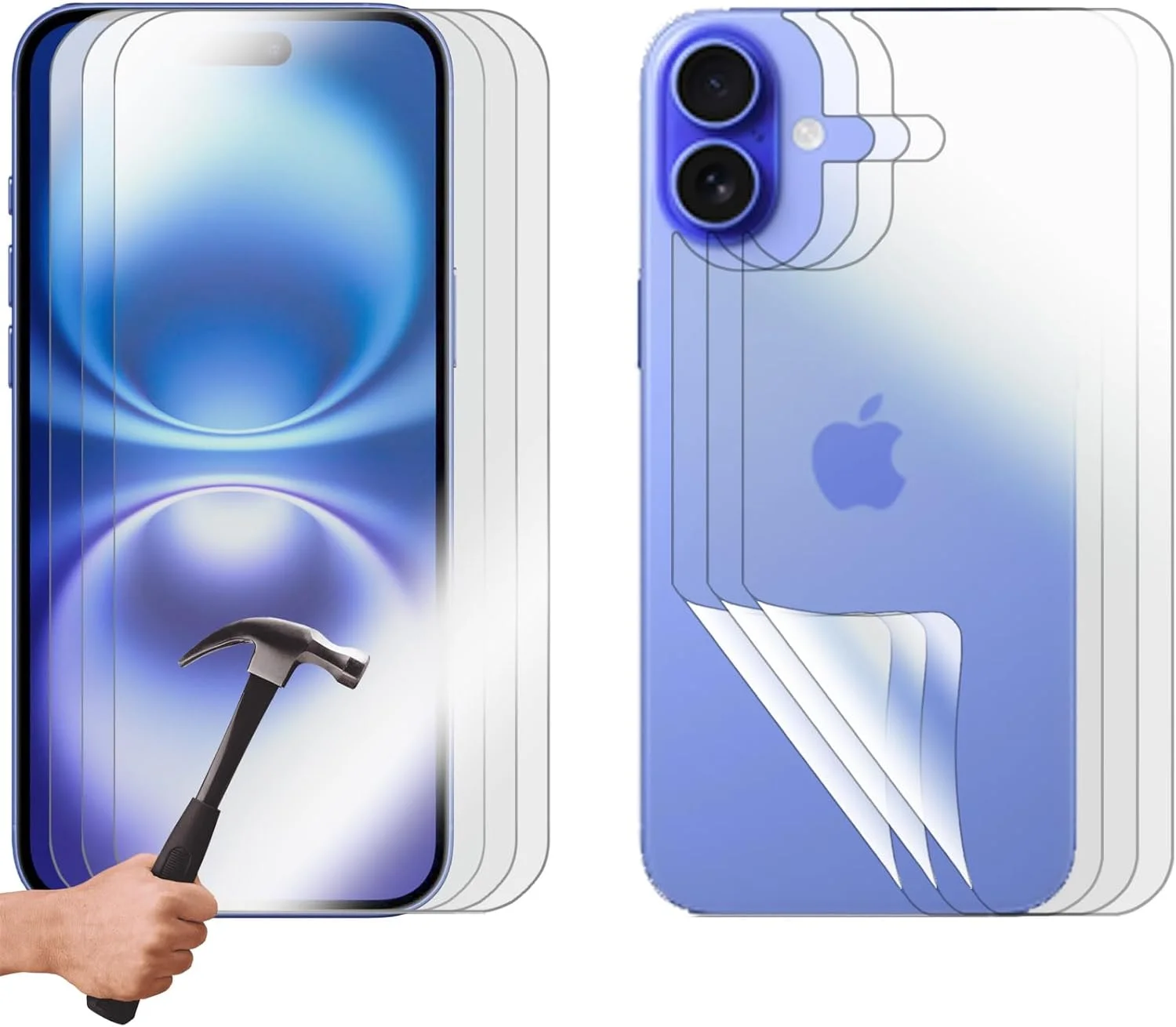 محافظ صفحه نمایش شیشه ای حرارت دیده برای گوشی اپل آیفون 16 پلاس، فیلم محافظ جلو و پشت، بسته 3 عددی