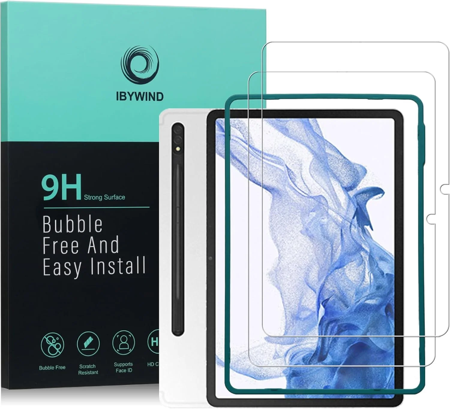 محافظ صفحه نمایش Ibywind برای Samsung Galaxy Tab S8 (11 اینچ)، شامل 2 عدد شیشه حرارت دیده، 1 عدد محافظ لنز دوربین، 1 عدد فیلم فیبر کربن پشتی [حسگر اثر انگشت، نصب آسان، پوشش کامل صفحه نمایش]