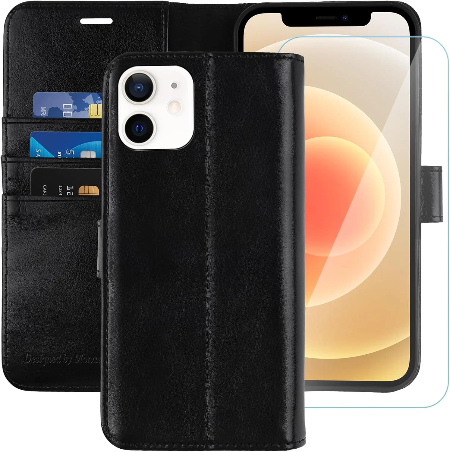 کیف پول چرمی گوشی آیفون 12 مینی موناسای، 5.4 اینچ، [شامل محافظ صفحه نمایش شیشه ای] [مسدود کننده RFID] کاور چرمی تاشو با جای کارت اعتباری برای آیفون 12 مینی، مشکی