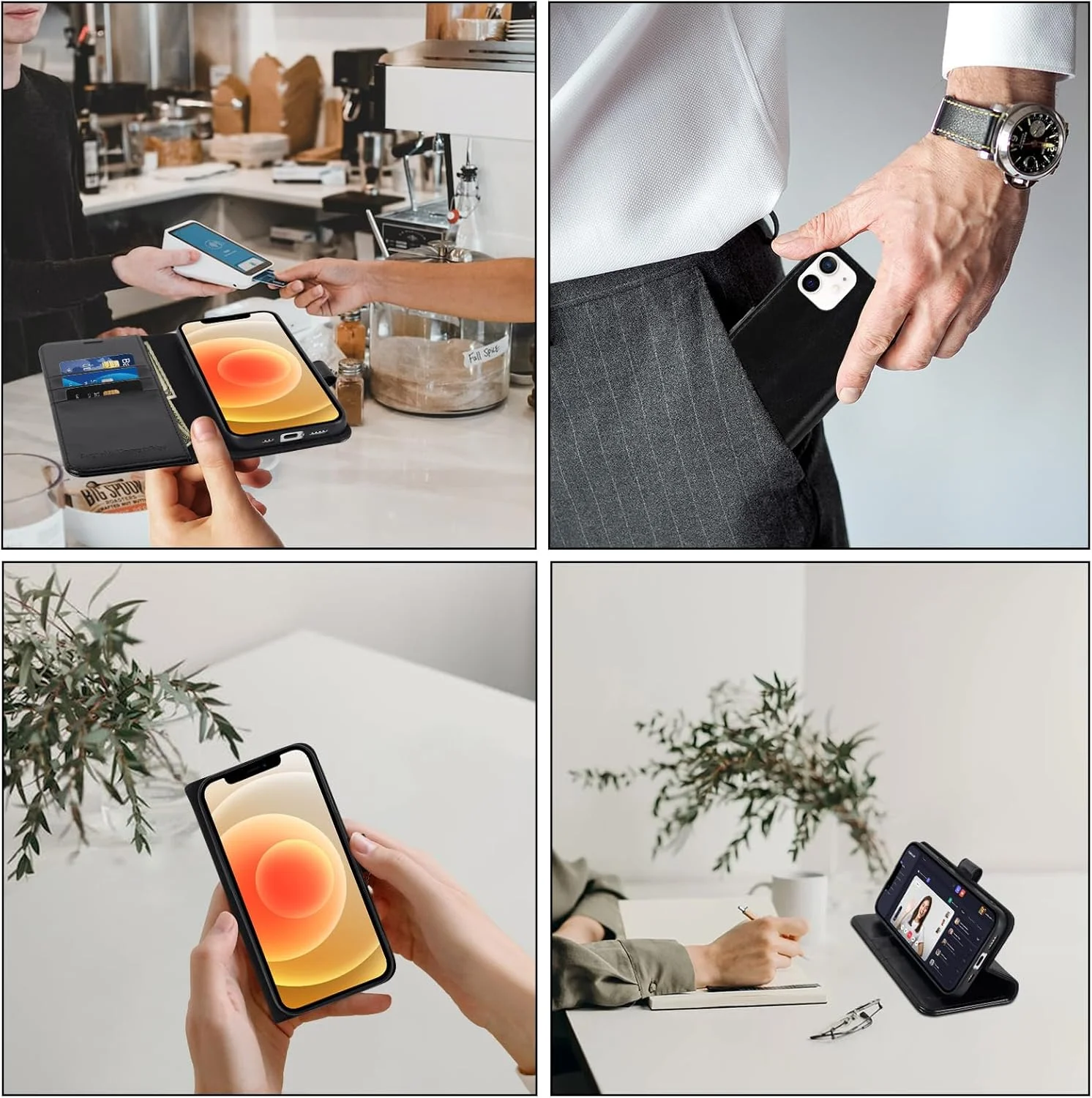 کیف پول چرمی گوشی آیفون 12 مینی موناسای، 5.4 اینچ، [شامل محافظ صفحه نمایش شیشه ای] [مسدود کننده RFID] کاور چرمی تاشو با جای کارت اعتباری برای آیفون 12 مینی، مشکی