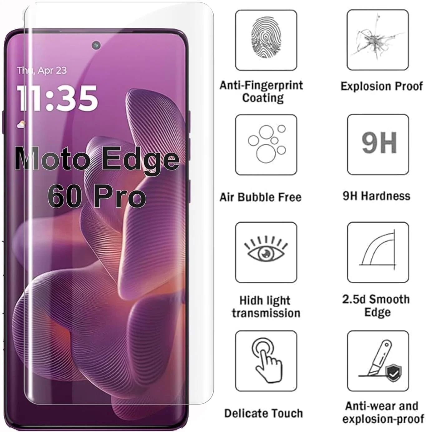 محافظ صفحه نمایش شیشه ای UV موتورولا Edge 60 Pro، شیشه حرارت دیده منحنی سه بعدی، ضد خش، سختی 9H برای Moto Edge 60 Pro
