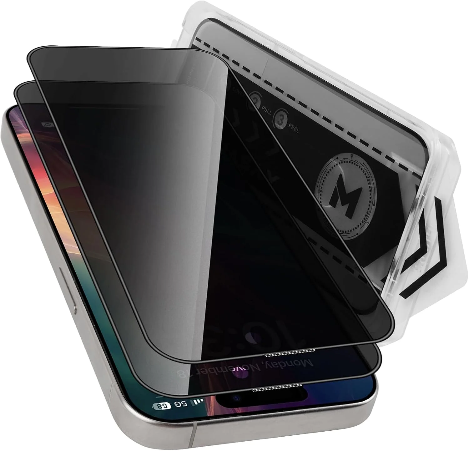 محافظ صفحه نمایش حریم خصوصی MONASAY [بسته 2 عددی برای آیفون 15 پرو مکس 6.7 اینچی] [بسته 2 عددی محافظ لنز دوربین] [نصب آسان] فیلم مات ضد دید زدن، سازگار با قاب