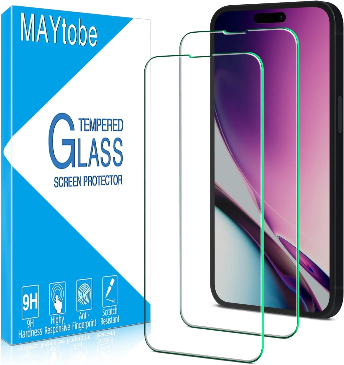 محافظ صفحه نمایش MAYtobe مدل iPhone 14 Pro بسته 2 عددی، شیشه حرارت دیده با سختی 9H، ضد خش، بدون حباب، نصب آسان