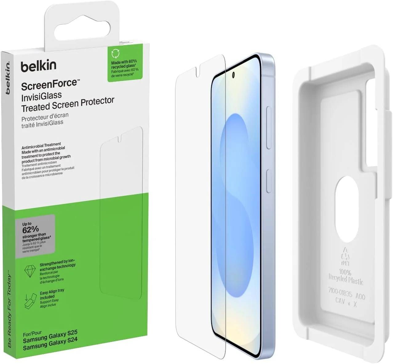 محافظ صفحه نمایش شیشه ای تقویت شده Belkin ScreenForce InvisiGlass برای Samsung Galaxy S25, S24، مقاوم در برابر خش و ضربه به همراه سینی تراز آسان برای نصب بدون حباب - شیشه بازیافتی محافظ صفحه نمایش شیشه ای تقویت شده Belkin ScreenForce InvisiGlass برای Samsung Galaxy S25, S24، مقاوم در برابر خش و ضربه به همراه سینی تراز آسان برای نصب بدون حباب - شیشه بازیافتی