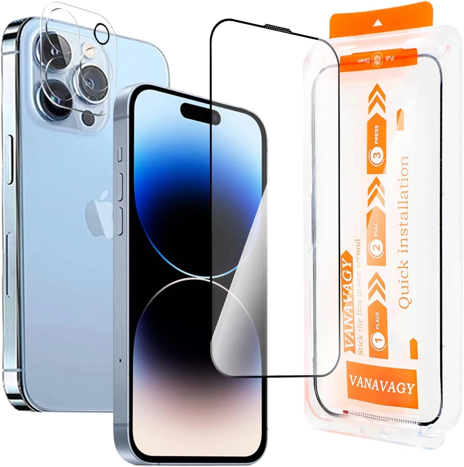 محافظ صفحه نمایش شیشه ای VANAVAGY سازگار با آیفون 14 پرو مکس 6.7 اینچ [1 عدد] [مقاوم در برابر خراش]، محافظ لنز دوربین گنجانده شده است، فیلم با قاب پوشش کامل برای نصب آسان