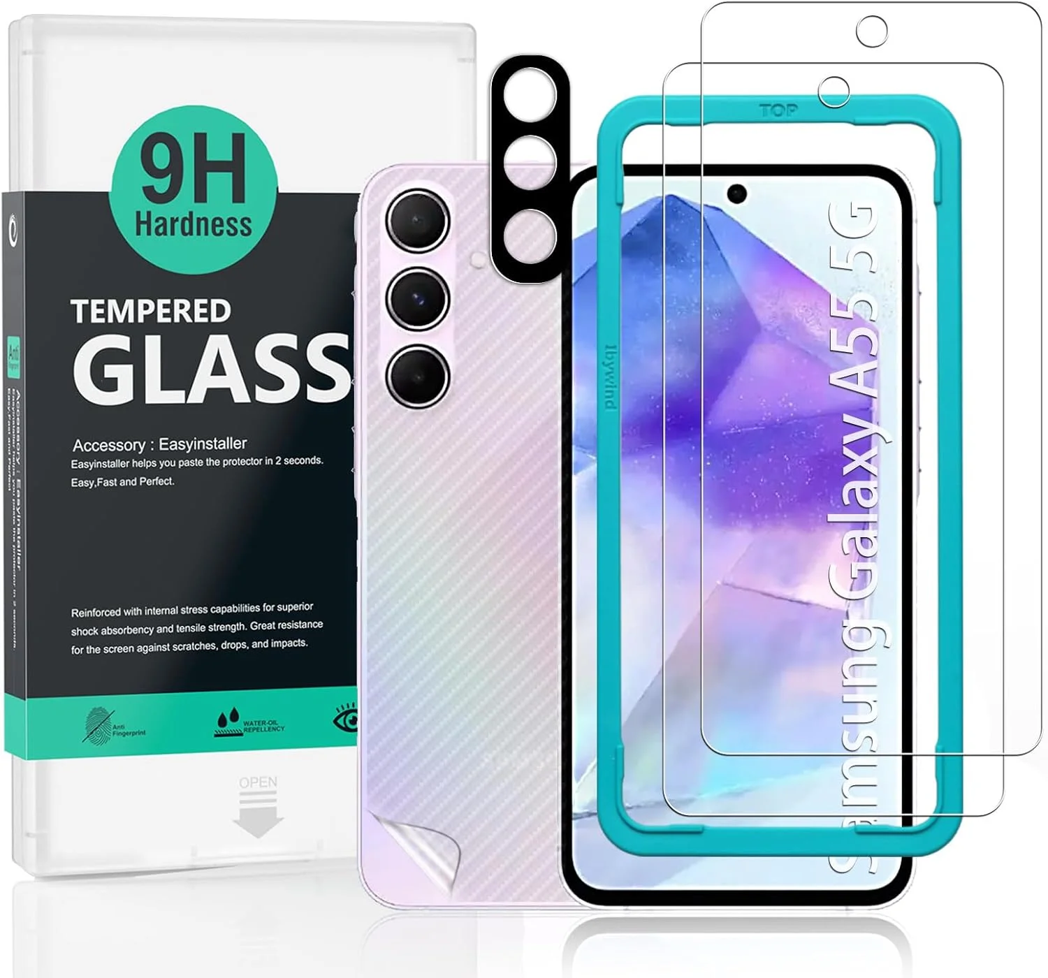 محافظ صفحه نمایش Ibywind مدل 2 عددی برای گوشی سامسونگ گلکسی A55 5G 6.6 اینچی، شیشه حرارت دیده با سختی 9H، همراه با 1 عدد محافظ لنز دوربین، 1 عدد فیلم فیبر کربن پشت، نصب آسان