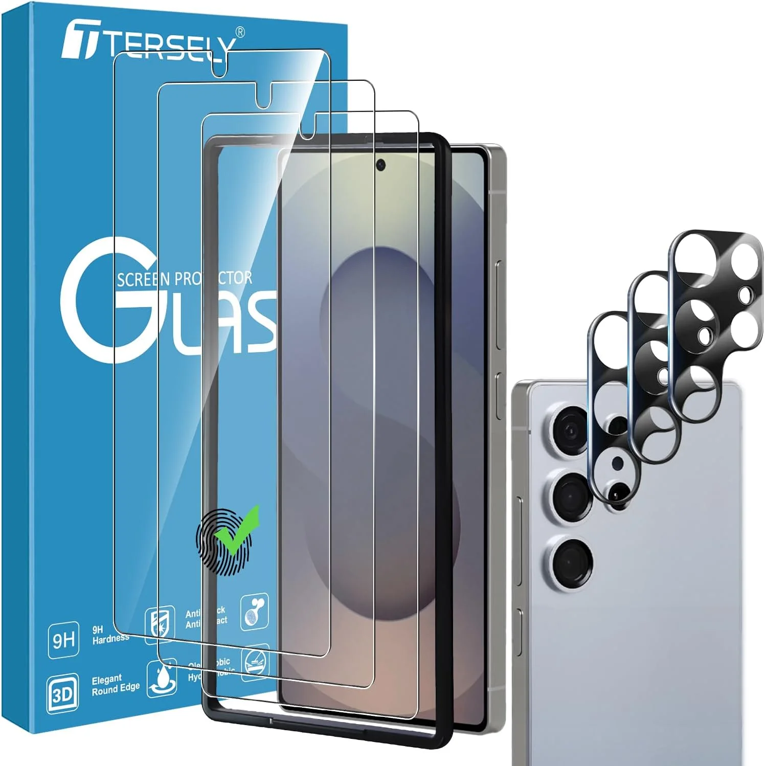 محافظ صفحه نمایش و محافظ لنز دوربین T Tersely [بسته 3+3 عددی] برای گوشی سامسونگ گلکسی S25 Ultra 5G، شیشه حرارت دیده نظامی درجه 9H، نصب خودکار، شناسایی اثر انگشت، سازگار با قاب، ضد خش