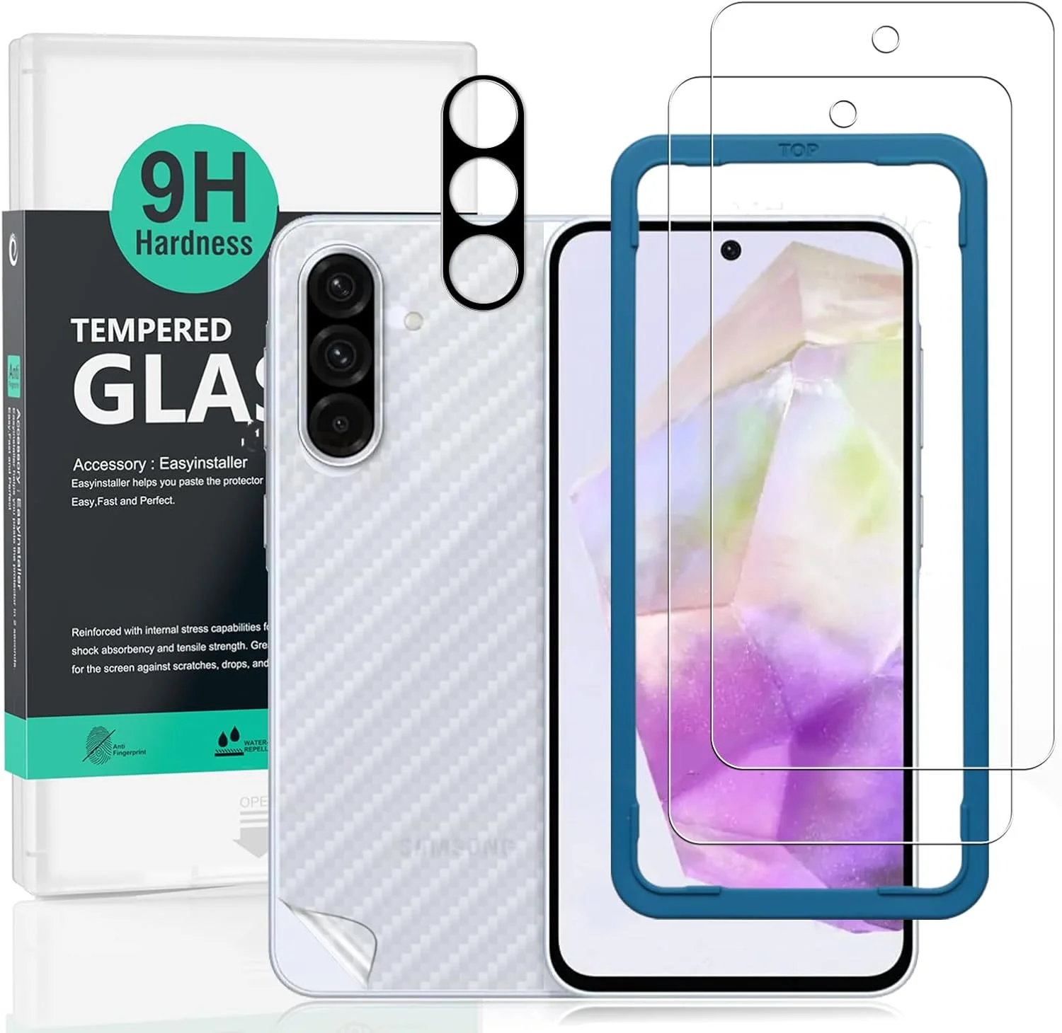 محافظ صفحه نمایش 2 عددی Ibywind برای گوشی سامسونگ گلکسی A36 5G 6.64 اینچی، شیشه حرارت دیده با سختی 9H، همراه با 1 عدد محافظ لنز دوربین، 1 عدد فیلم فیبر کربنی پشت، نصب آسان