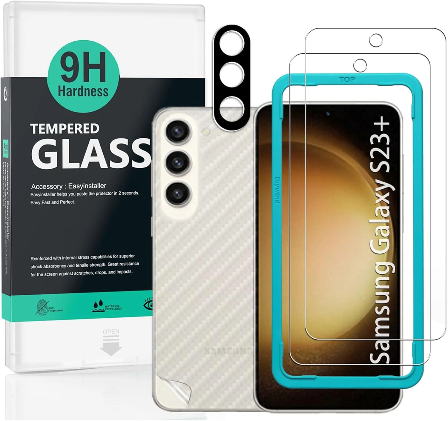 محافظ صفحه نمایش Ibywind برای گوشی سامسونگ گلکسی S23+ 5G / سامسونگ گلکسی S23 پلاس 5G (6.6 اینچ)، شامل 2 عدد شیشه حرارت دیده، 1 عدد محافظ لنز دوربین، 1 عدد فیلم فیبر کربنی پشتی [حسگر اثر انگشت، نصب آسان]