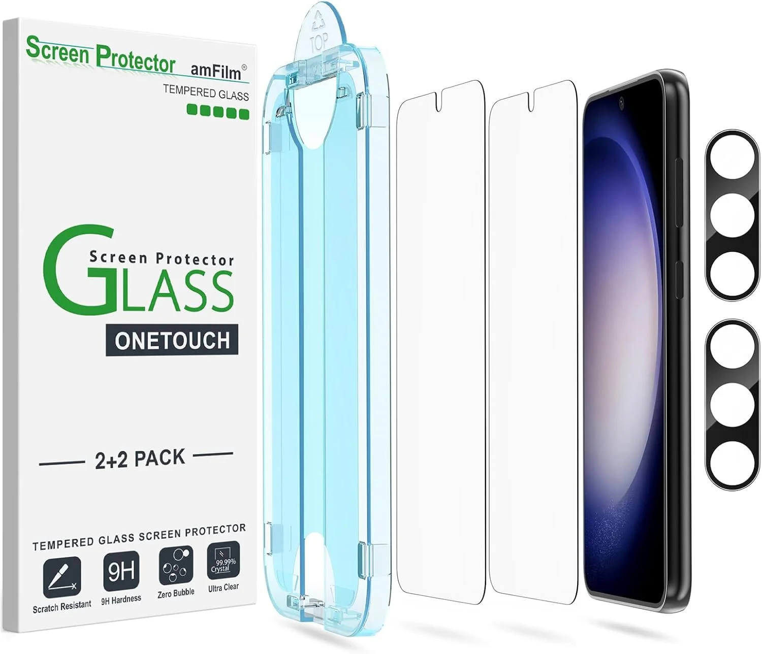محافظ صفحه نمایش شیشه ای حرارت دیده amFilm مدل OneTouch [بسته 2+2 عددی] برای گوشی سامسونگ گلکسی S23 5G سایز 6.1 اینچ به همراه محافظ لنز دوربین، سختی 9H، نصب آسان و بدون حباب.