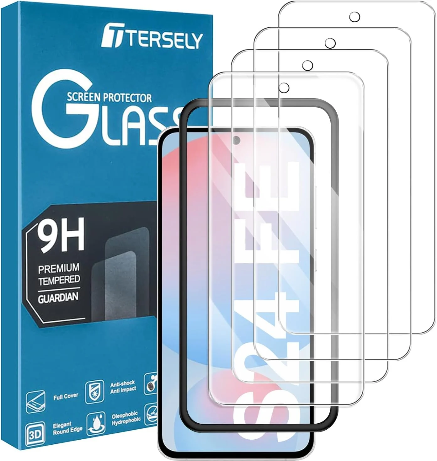 محافظ صفحه نمایش شیشه ای حرارت دیده 9H مدل T Tersely [بسته 4 عددی] برای گوشی سامسونگ گلکسی S24 FE، همراه با قاب تراز نصب، پشتیبانی از باز کردن قفل با اثر انگشت، سازگار با قاب، فیلم ضد خش