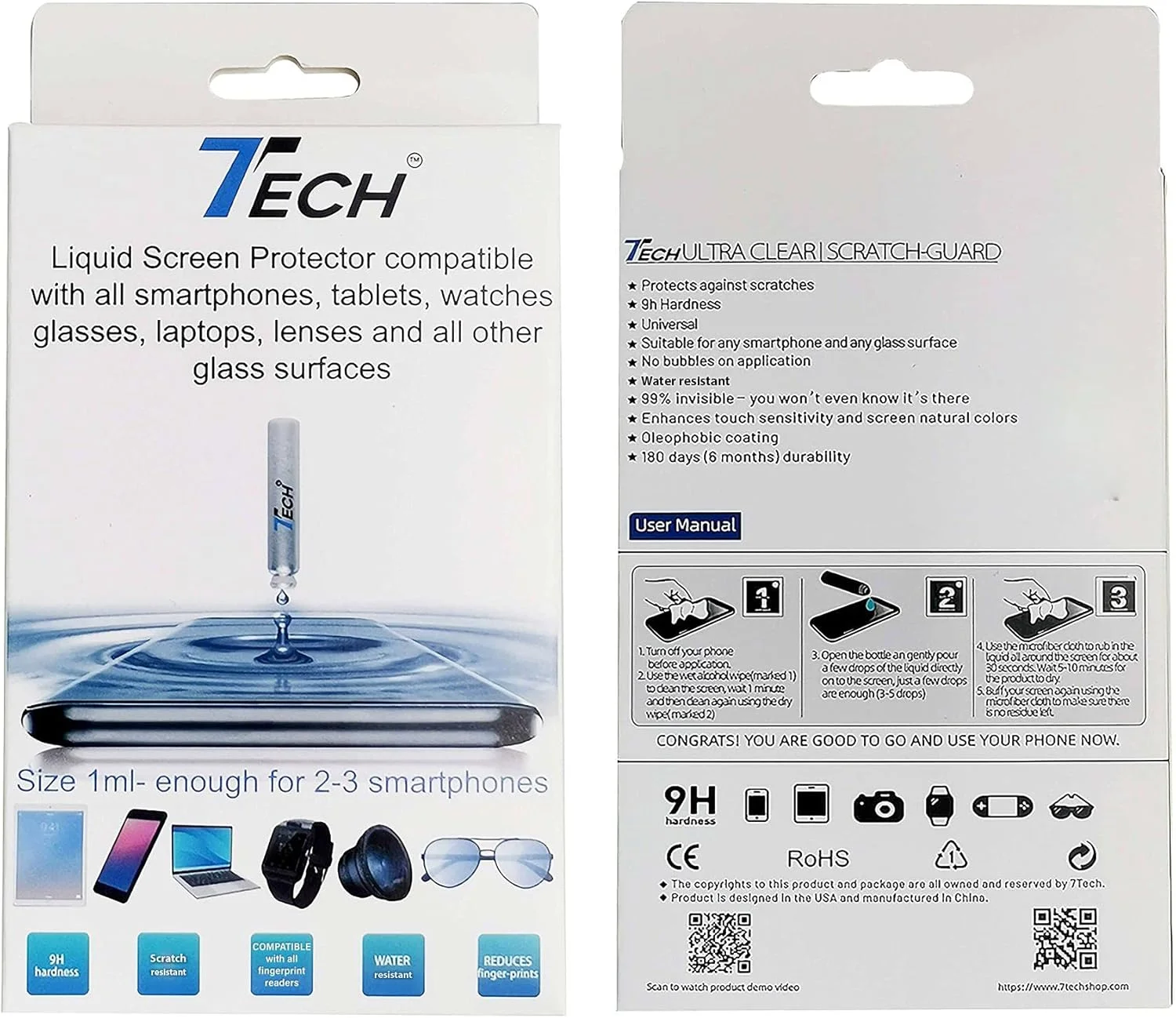 مایع ترمیم کننده خط و خش گوشی 7TECH و محافظ صفحه نمایش شیشه ای مایع | محافظ نانو جهانی مناسب برای همه تلفن ها، تبلت ها، ساعت های هوشمند (تا 3 دستگاه)