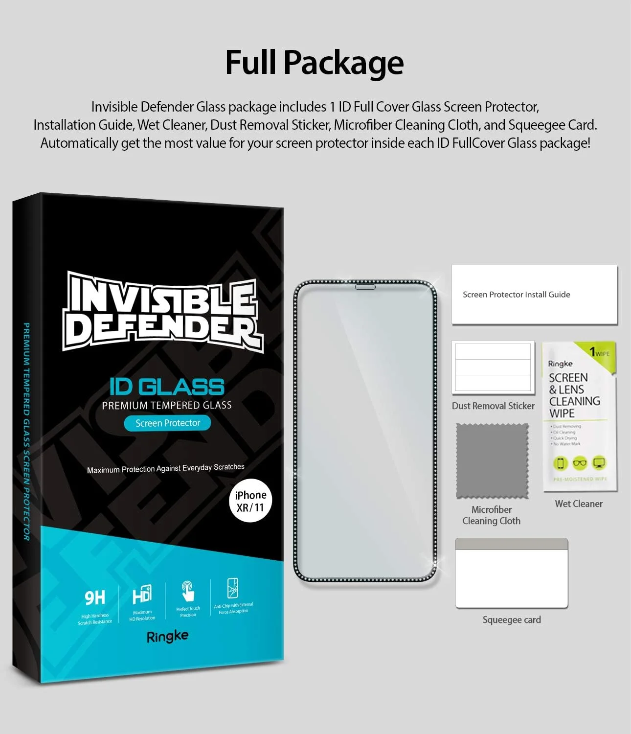 محافظ صفحه نمایش شیشه ای حرارت دیده تمام صفحه Ringke Invisible Defender آیفون 11 [نسخه جواهر] طراحی سازگار برای محافظ صفحه نمایش آیفون 11 / آیفون XR (1 بسته)