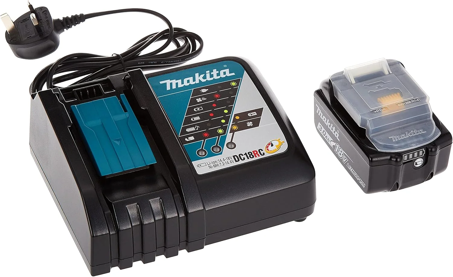 ست دریل/پیچ گوشتی شارژی ماکیتا مدل DDF481RFJ با باتری 18 ولت لیتیوم-یون (2 عدد باتری 3.0 آمپر ساعت) در جعبه Mbox - بدون زغال