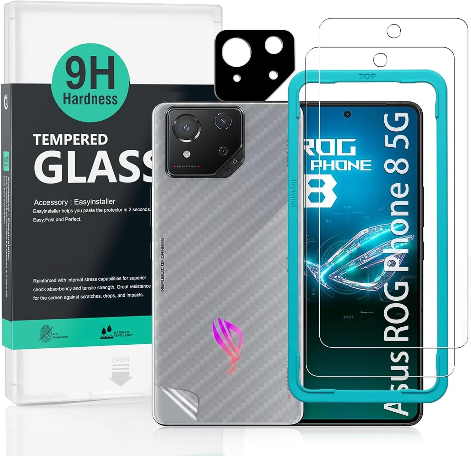 محافظ صفحه نمایش Ibywind برای گوشی ایسوس ROG Phone 8 5G سایز 6.78 اینچ، بسته 2 عددی شیشه حرارت دیده با سختی 9H، همراه با 1 عدد محافظ لنز دوربین، 1 عدد فیلم فیبر کربن پشت، نصب آسان