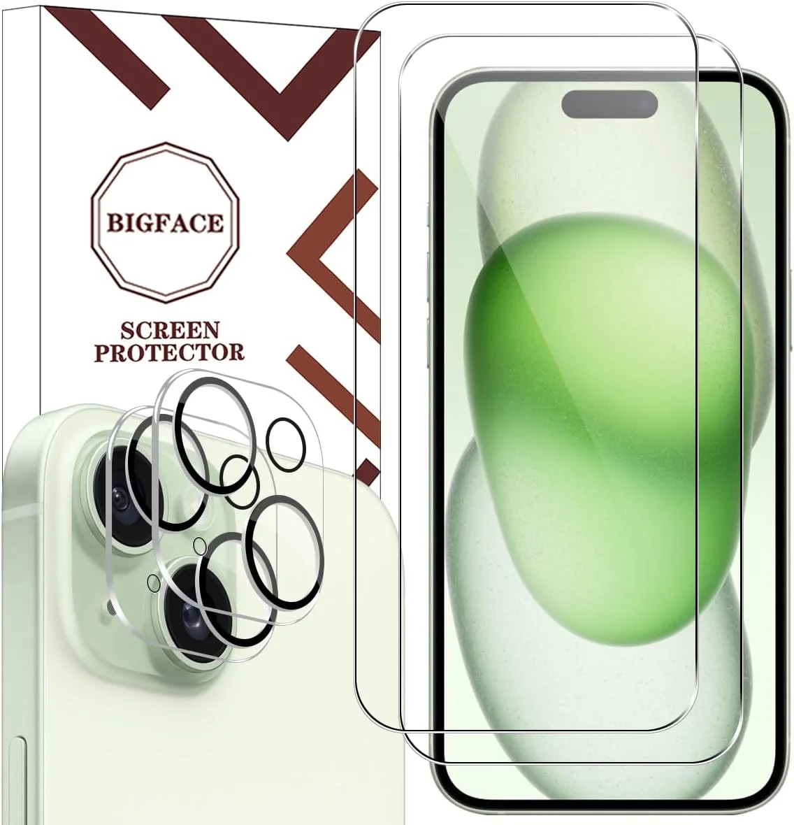 محافظ صفحه نمایش سازگار با آیفون 15 پلاس BIGFACE + محافظ لنز دوربین، [بسته 2 + 2 عددی] شیشه حرارت دیده شفاف HD ممتاز، فیلم منحنی سه بعدی ضد حباب با دقت برای آیفون 15 پلاس (6.7 اینچ)