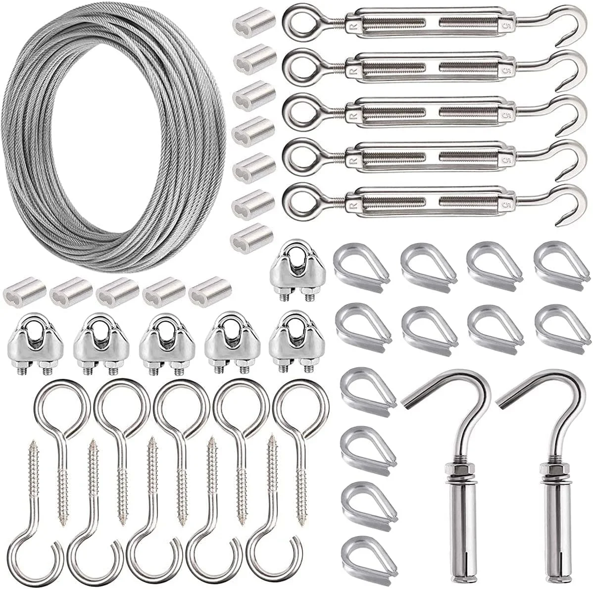 مجموعه مهارکش آزونی برای کابل های سیم بکسل داربست، کیت سیم بکسل استیل ضد زنگ 1/16 اینچ، کابل فلزی 100 فوتی با کشنده سیم برای سیستم آویز پرده سیمی، سیم لباس و کیت آویز چراغ های رشته ای