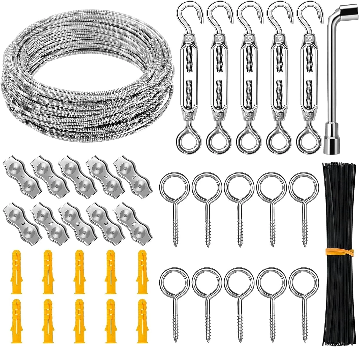 کیت آویز چراغ ریسه ای Azonee، سیم بکسل استیل 1/8 اینچی به طول 30 متر با روکش، همراه با مهارکش و قلاب برای سیستم نرده بالکن، آویز چراغ فضای باز، حصار باغ