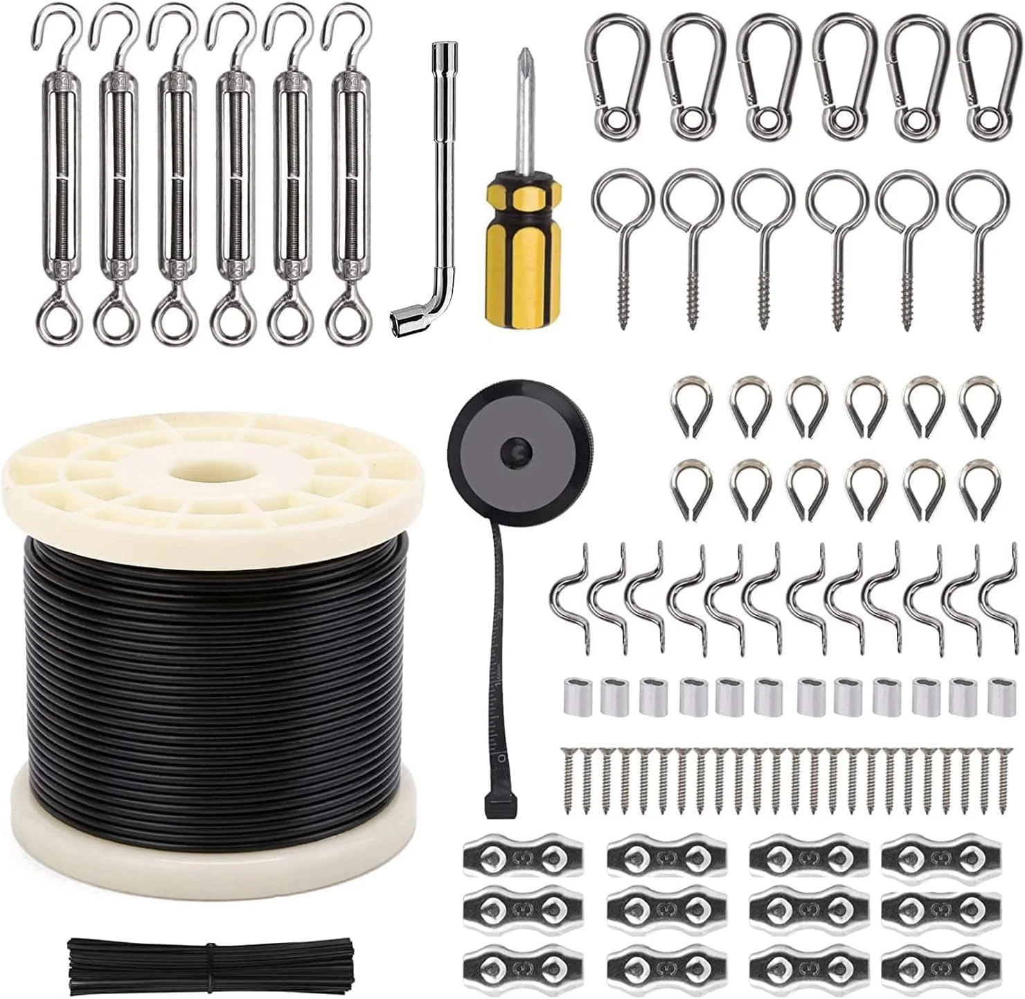 کیت آویز چراغ رشته ای Azonee با طناب سیمی استیل ضد زنگ 304 با روکش نایلونی 250 فوتی به همراه مهارکش ها و قلاب ها برای لوازم جانبی نورپردازی فضای باز و حیاط خلوت