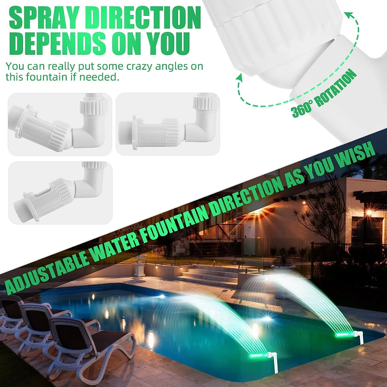 فواره آبشار استخر شنا آزون سبز فلورسنت، خنک کننده استخر روکار و توکار، فواره اسپری آبگرمکن حوضچه، لوازم جانبی پمپ برای دکور باغ حیاط خلوت، 2 عدد