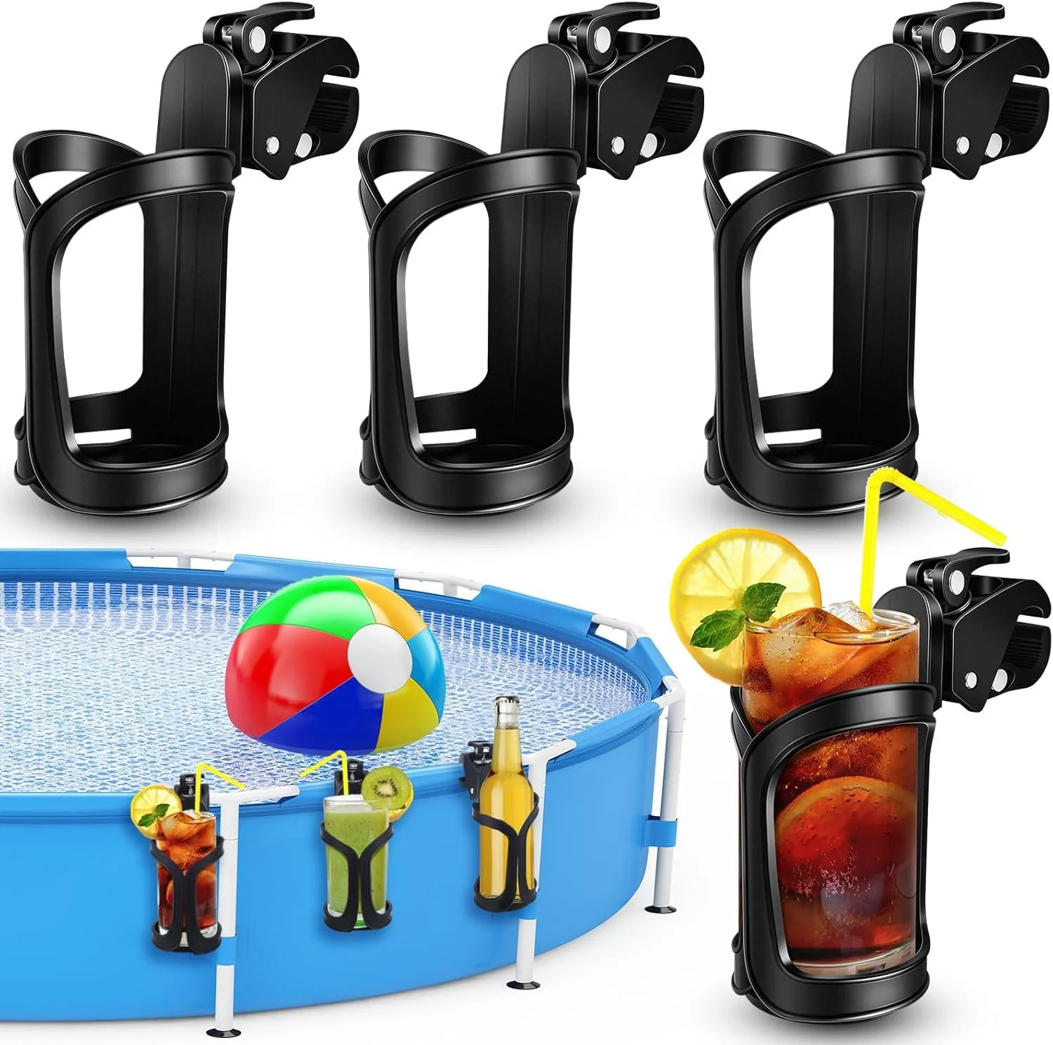 آزون، 4 عدد نگهدارنده لیوان استخری برای استخرهای روکار، نگهدارنده نوشیدنی پلاستیکی بدون ریزش، مناسب برای لبه های گرد 2 اینچ یا کمتر، لوازم جانبی استخر، مشکی