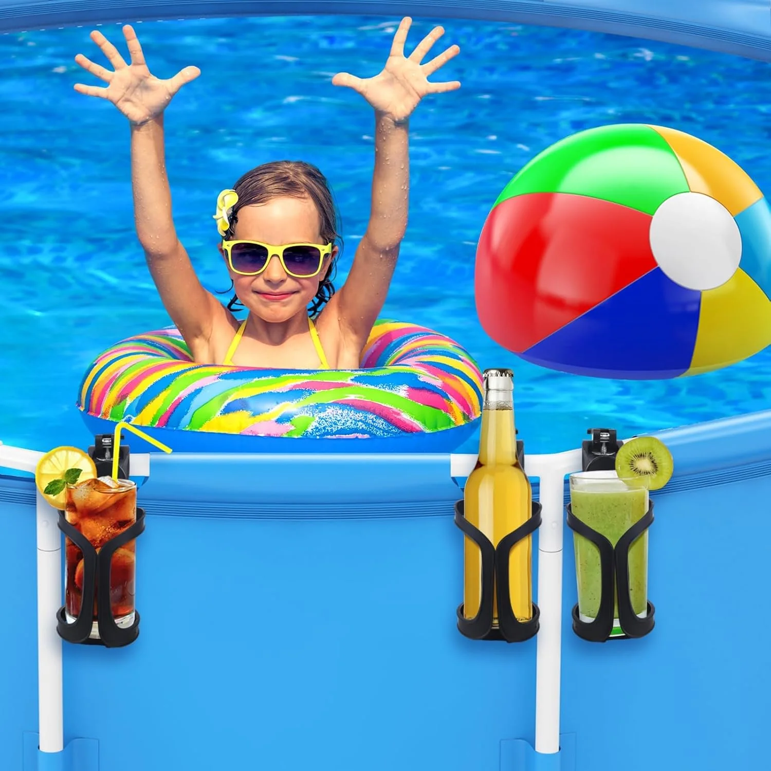 آزون، 4 عدد نگهدارنده لیوان استخری برای استخرهای روکار، نگهدارنده نوشیدنی پلاستیکی بدون ریزش، مناسب برای لبه های گرد 2 اینچ یا کمتر، لوازم جانبی استخر، مشکی