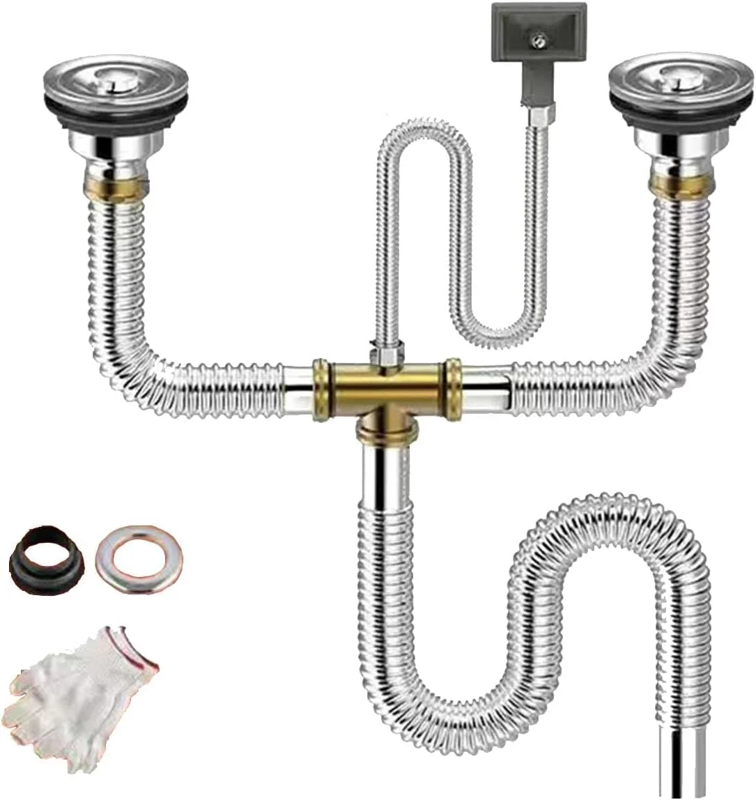 اتصالات لوله فاضلاب سینک ظرفشویی دوقلو Azonee، کیت لوله تخلیه استیل ضد زنگ برای سینک های دو لگنه، لوله فاضلاب انعطاف پذیر قابل گسترش 1-1/2 اینچ یا 1-1/4 اینچ، طراحی صرفه جویی در فضا برای آشپزخانه، حمام، سرویس بهداشتی